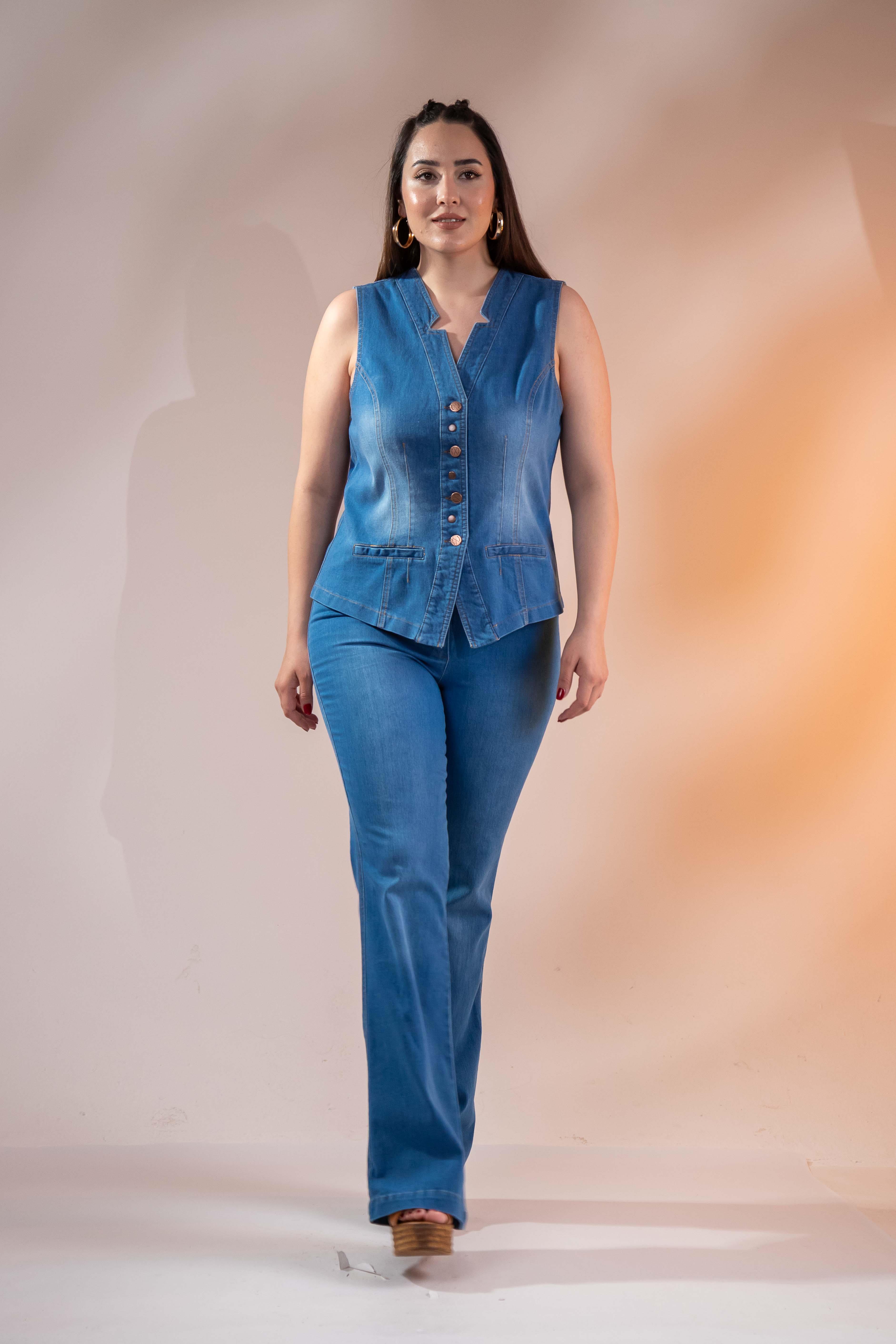 Büyük Beden 112063 Cep Detaylı Denim Yelek  Mavi