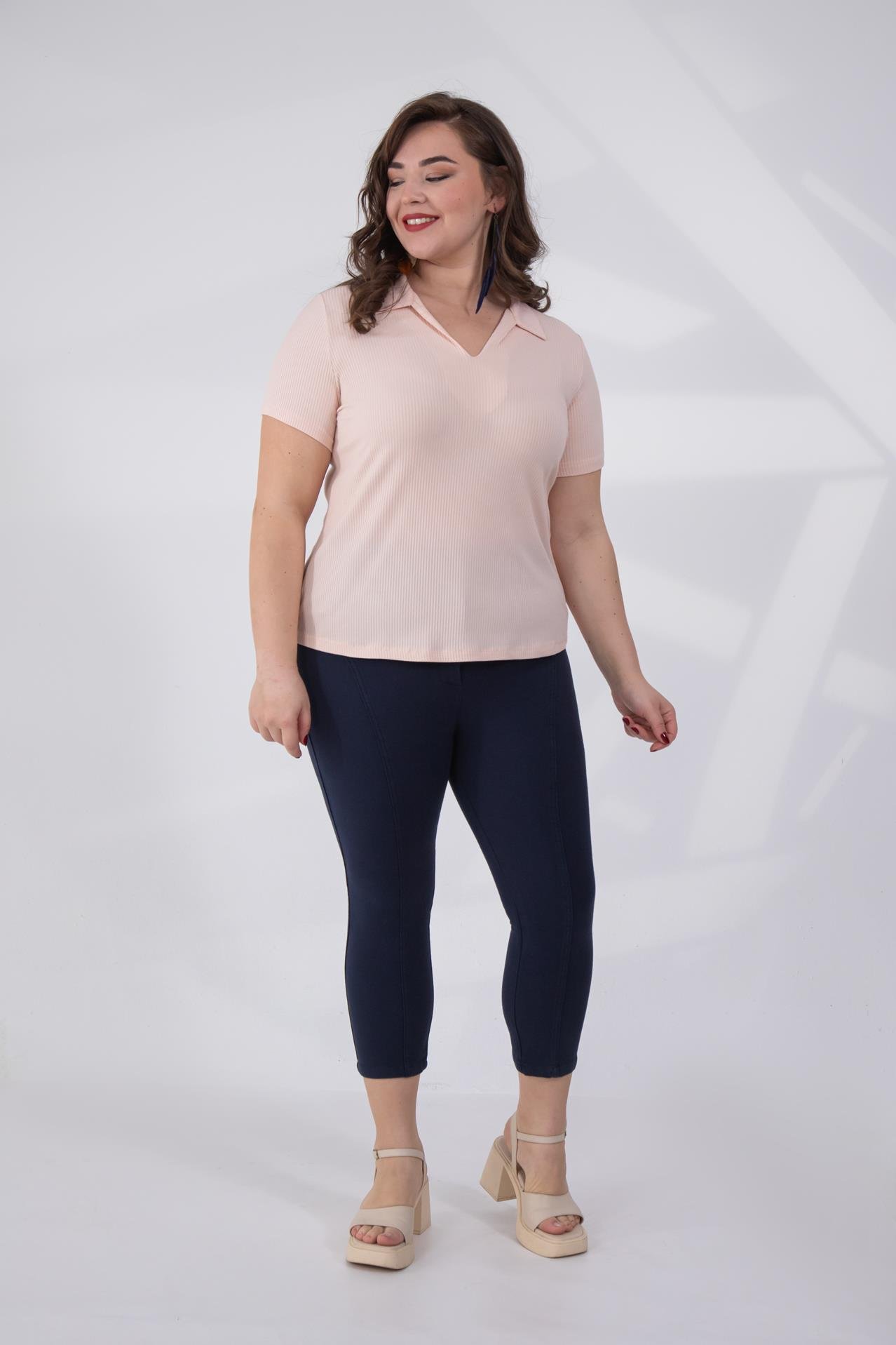 Büyük Beden 1122474 Gömlek Yaka Fitilli  Bluz  Somon