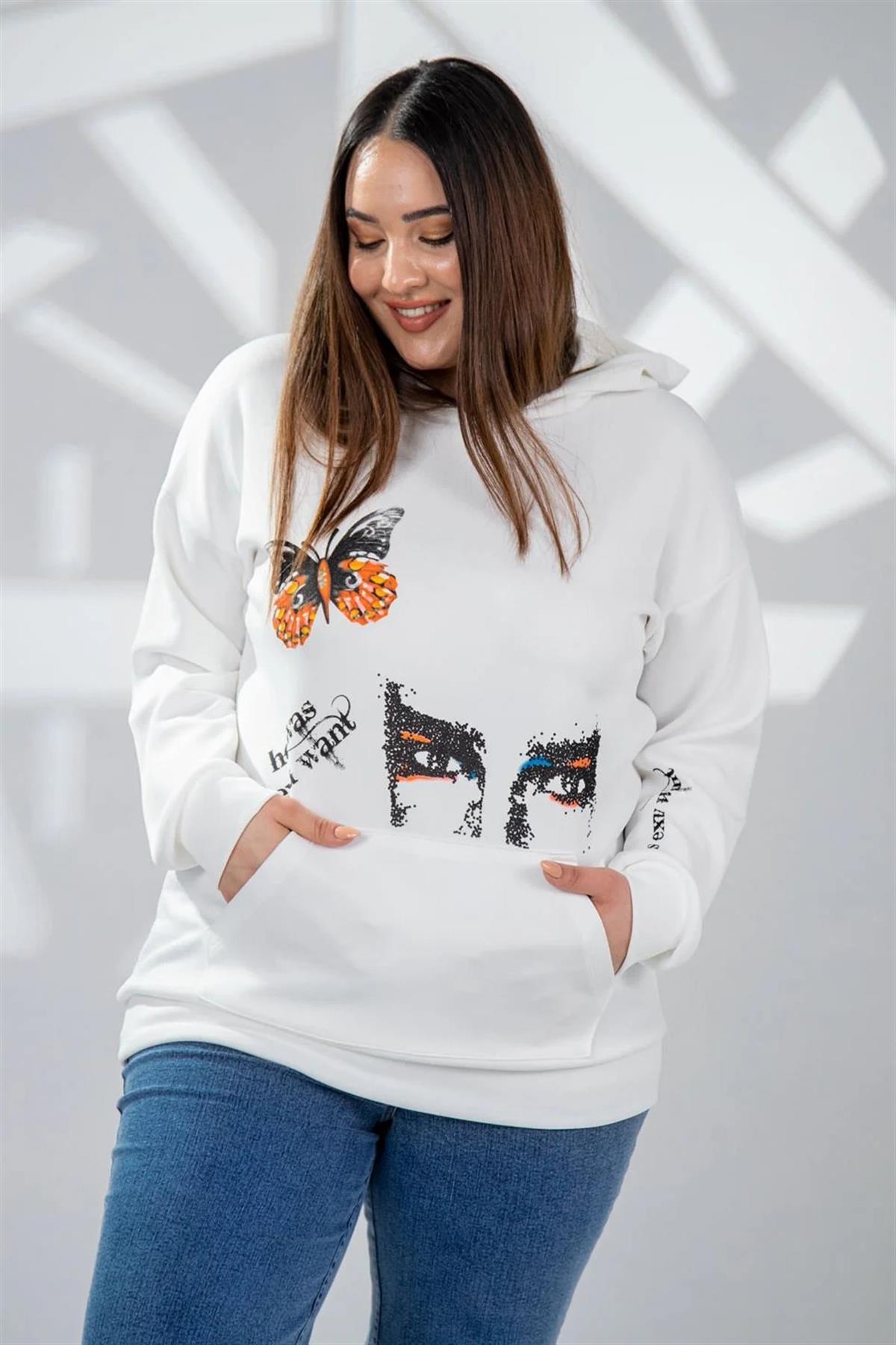 Büyük Beden 122040 Baskılı Sweat Beyaz