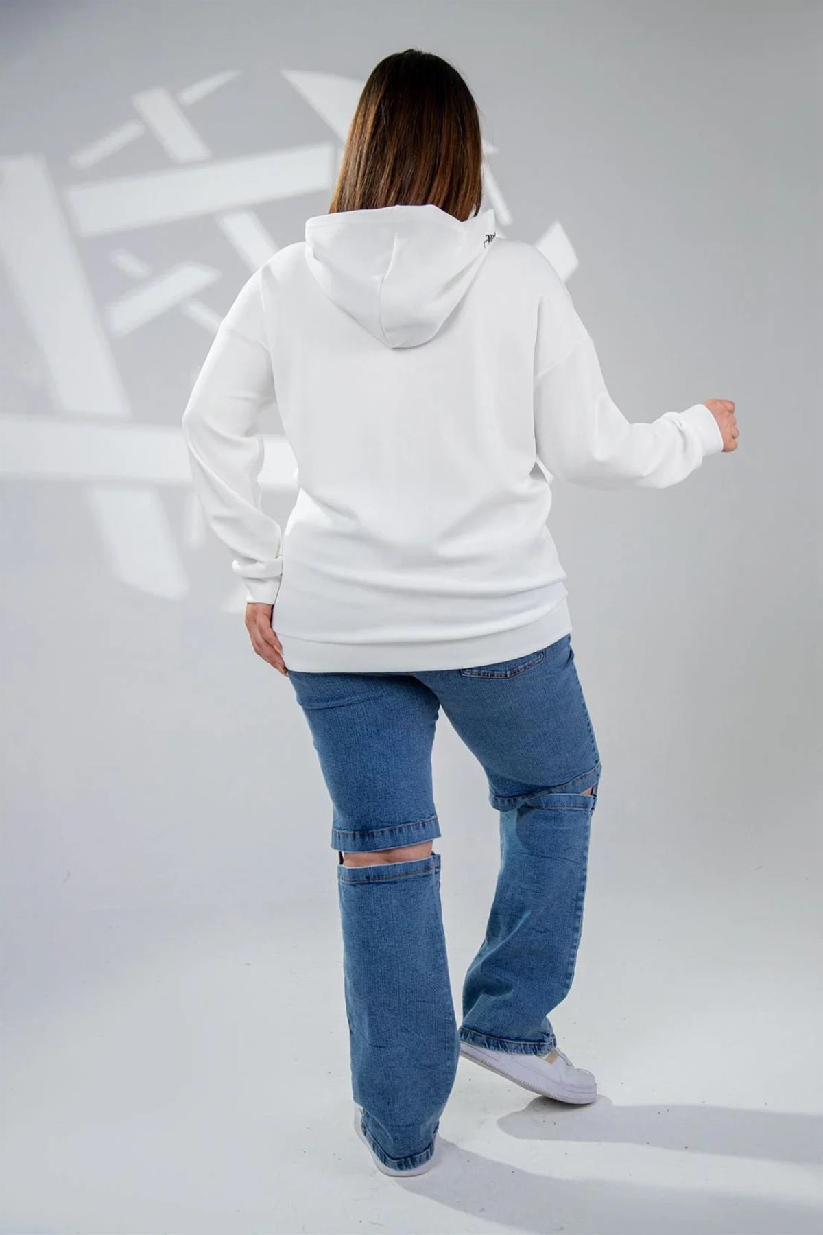 Büyük Beden 122040 Baskılı Sweat Beyaz