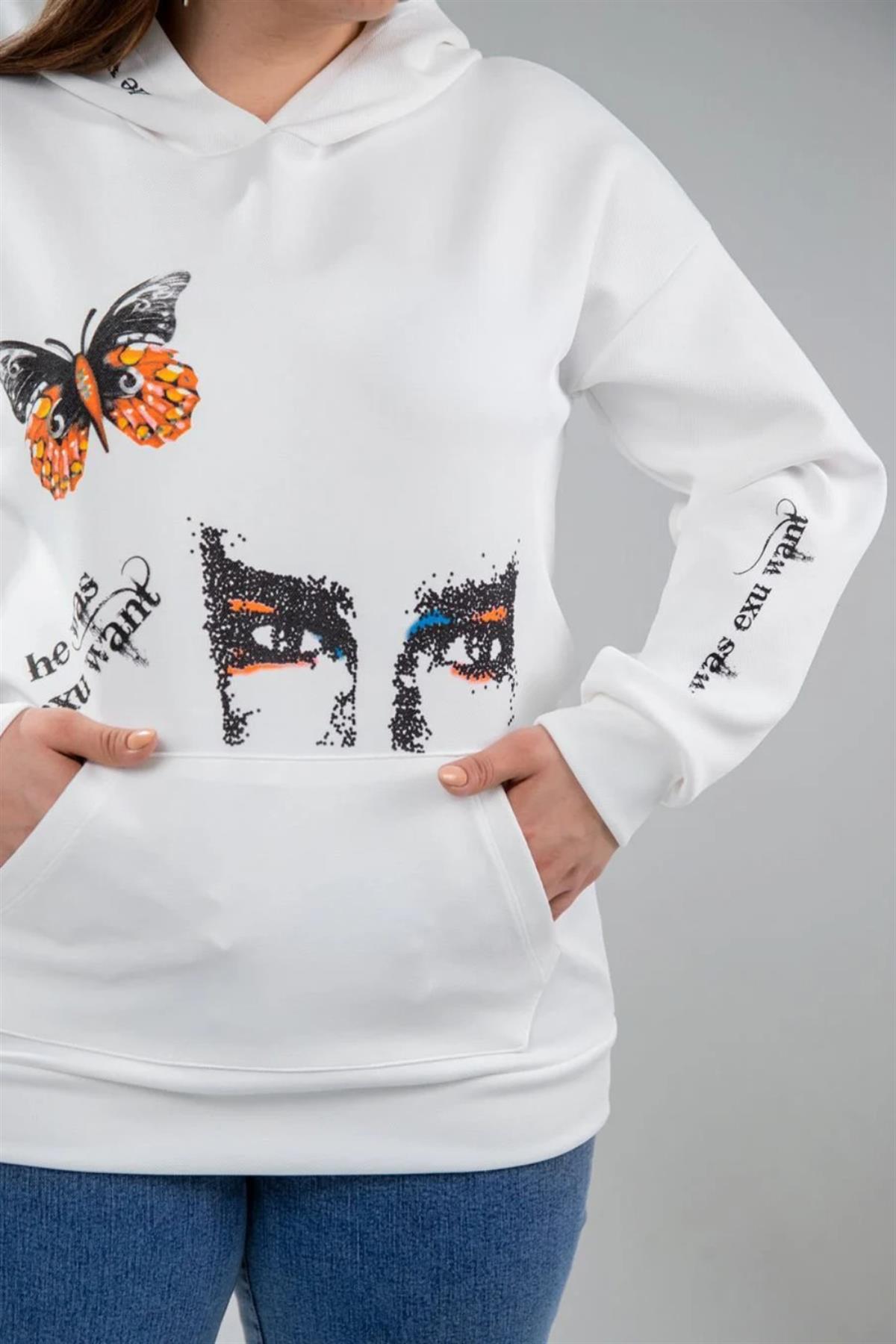 Büyük Beden 122040 Baskılı Sweat Beyaz