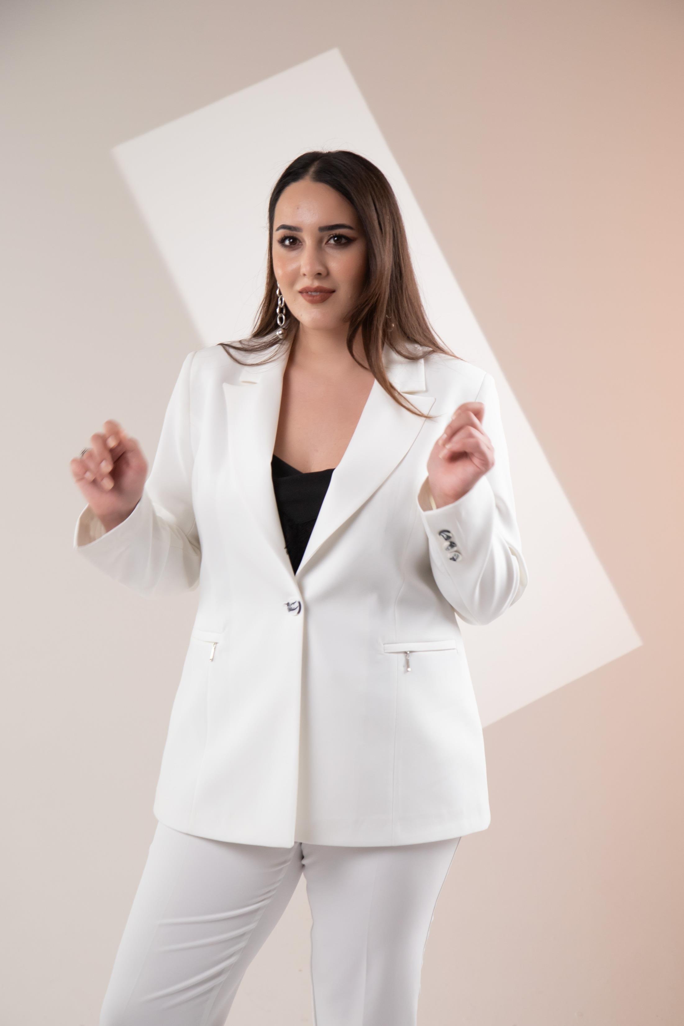 Büyük Beden 2234742 Cep Fermuarlı Blazer Ceket  Beyaz