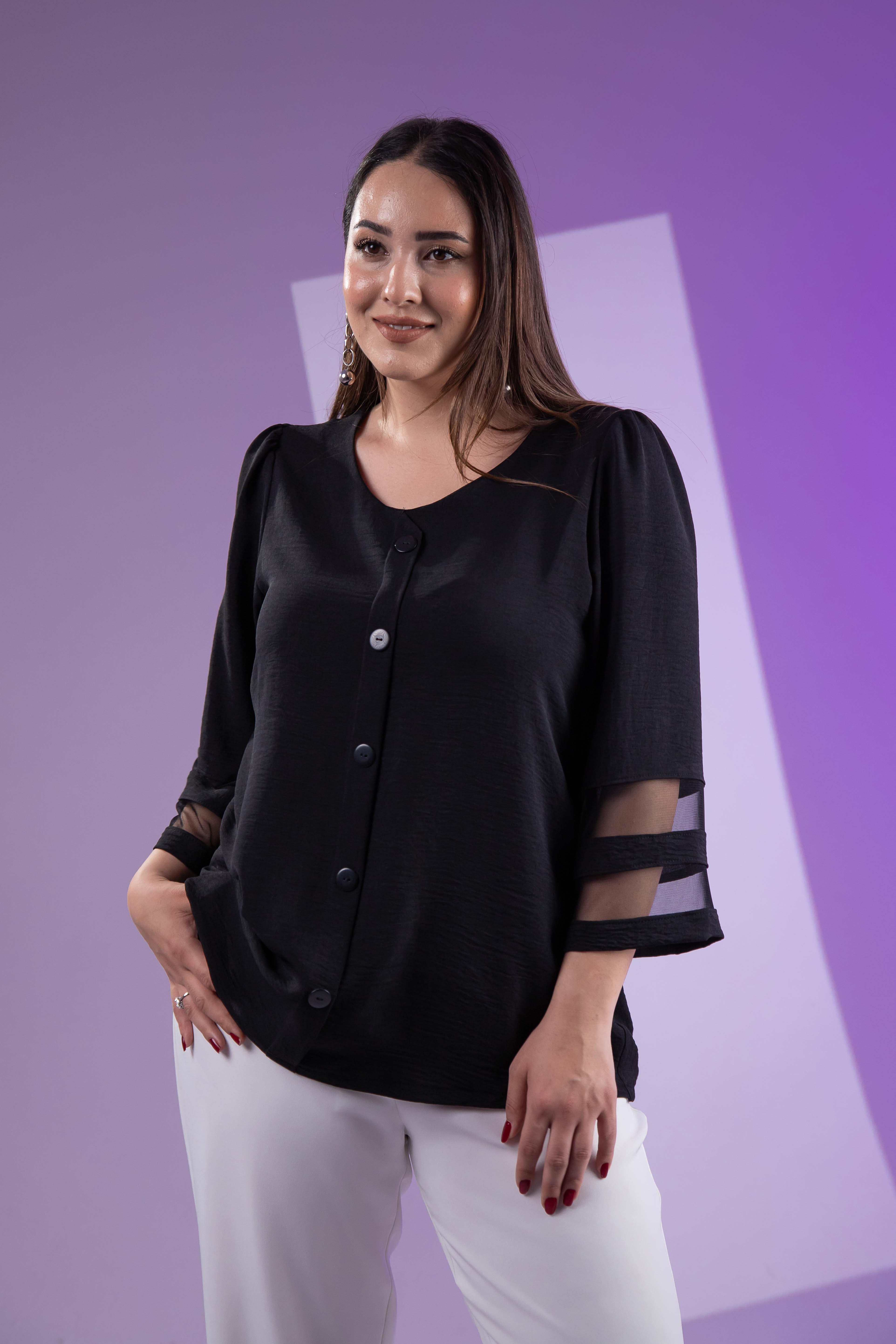 Büyük Beden 3330464 Kolu Tül Detaylı Bluz Siyah