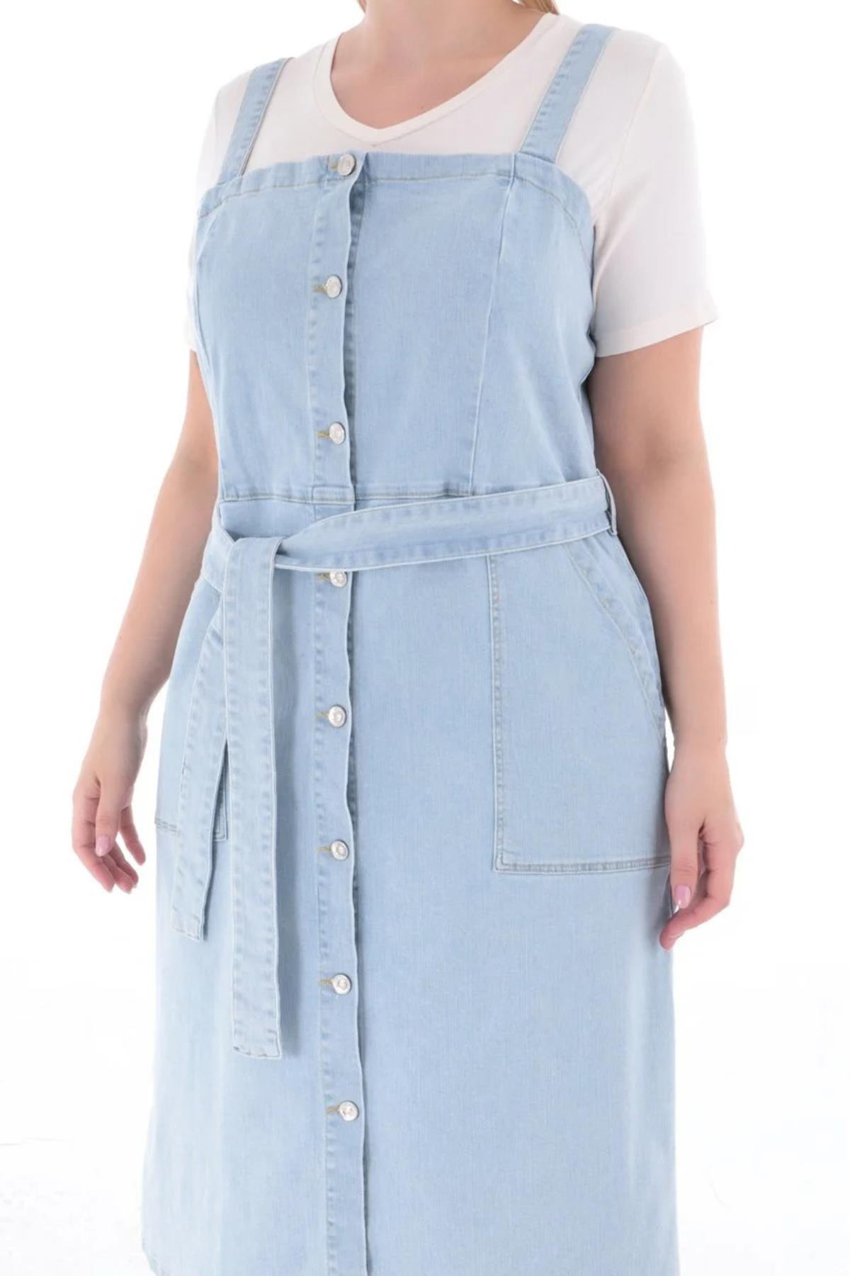 Büyük Beden Ceto Denim Elbise Buz Mavi