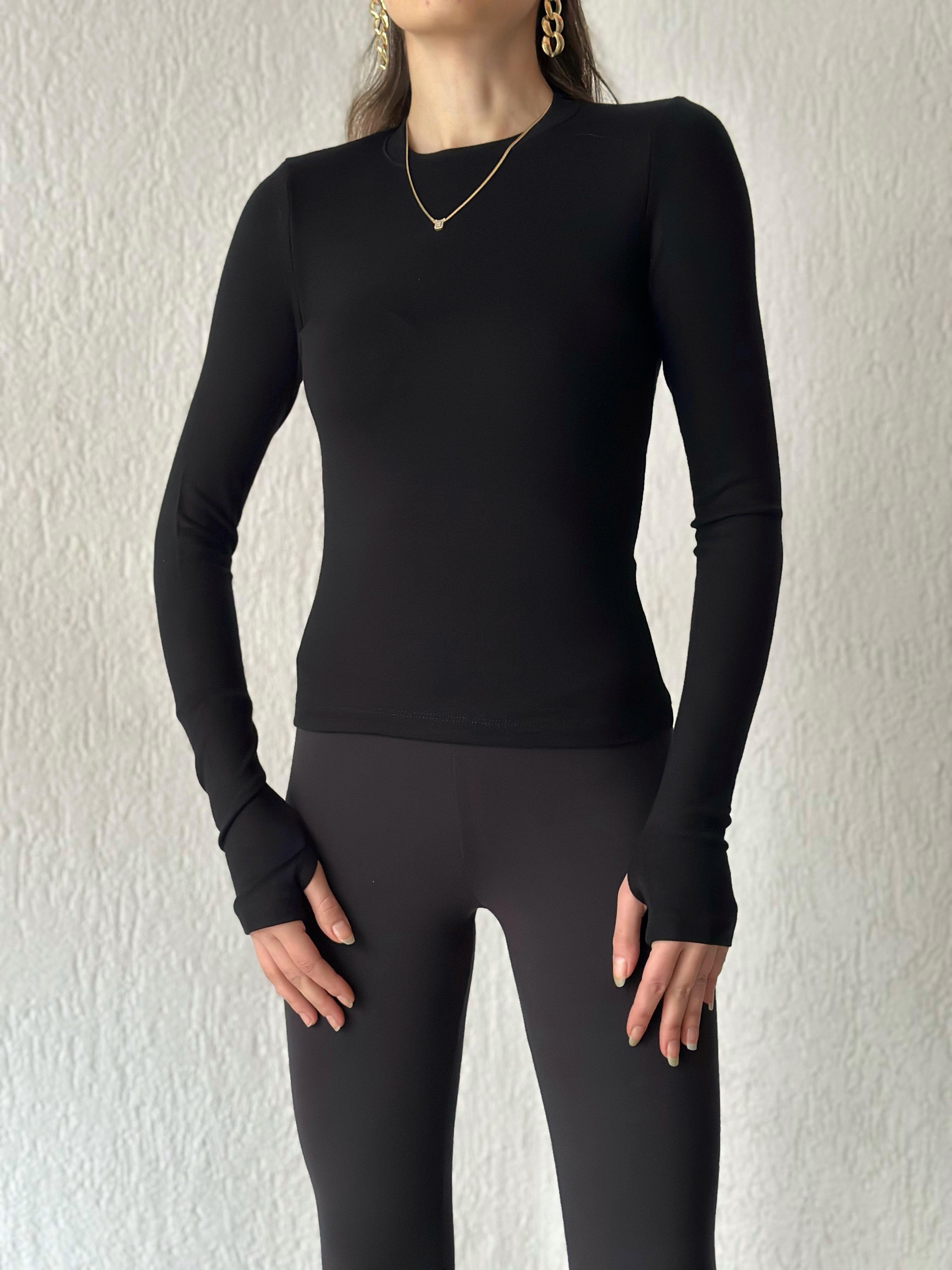 Oysho Basic Uzun Kollu Pamuklu Bluz - Siyah
