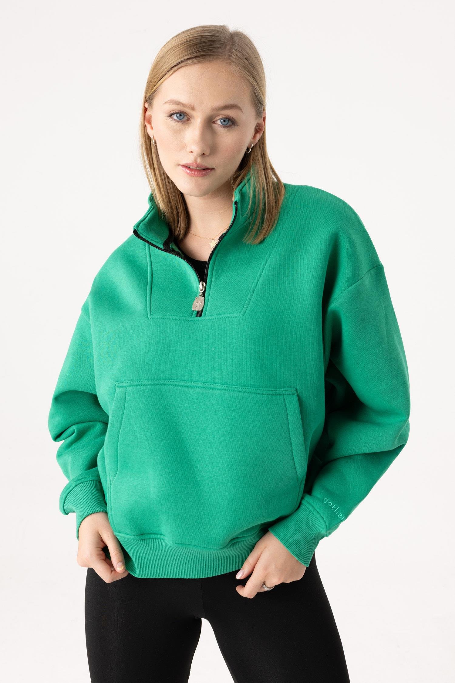 Kadın Yeşil Fermuarlı Oversize Sweatshirt