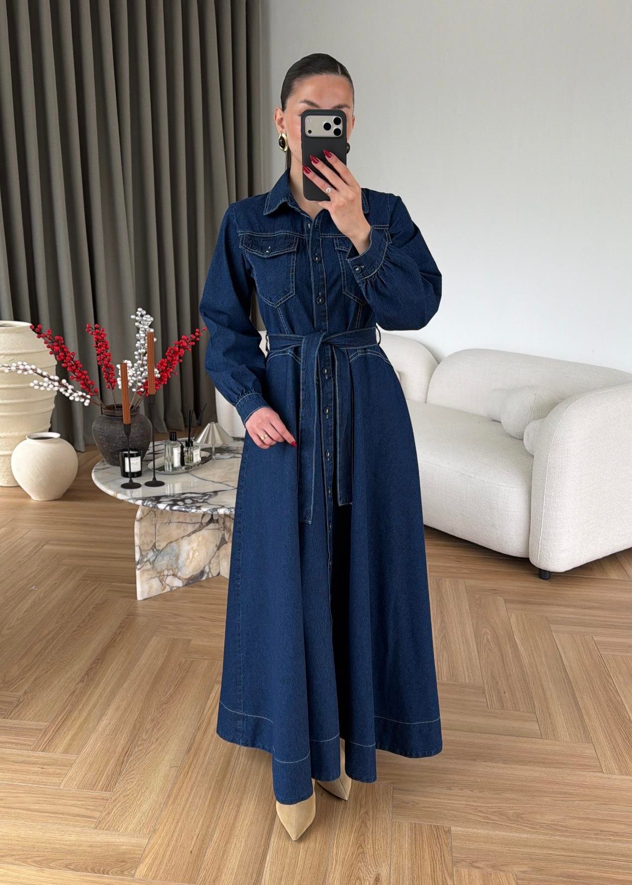 Henry Kontrast Dikişli Denim Elbise LACİVERT