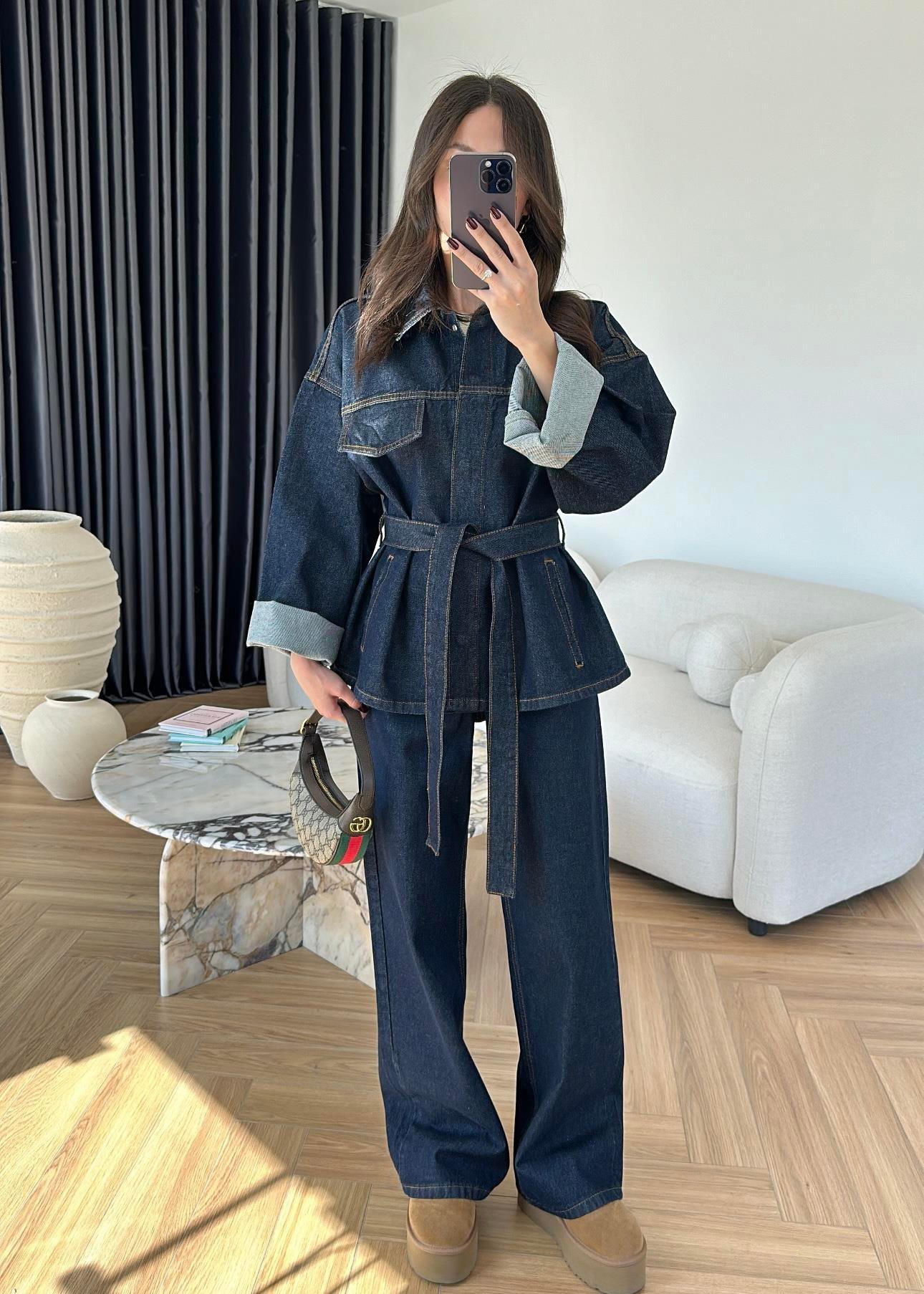 Renkli Dikişli Denim Takım LACİVERT