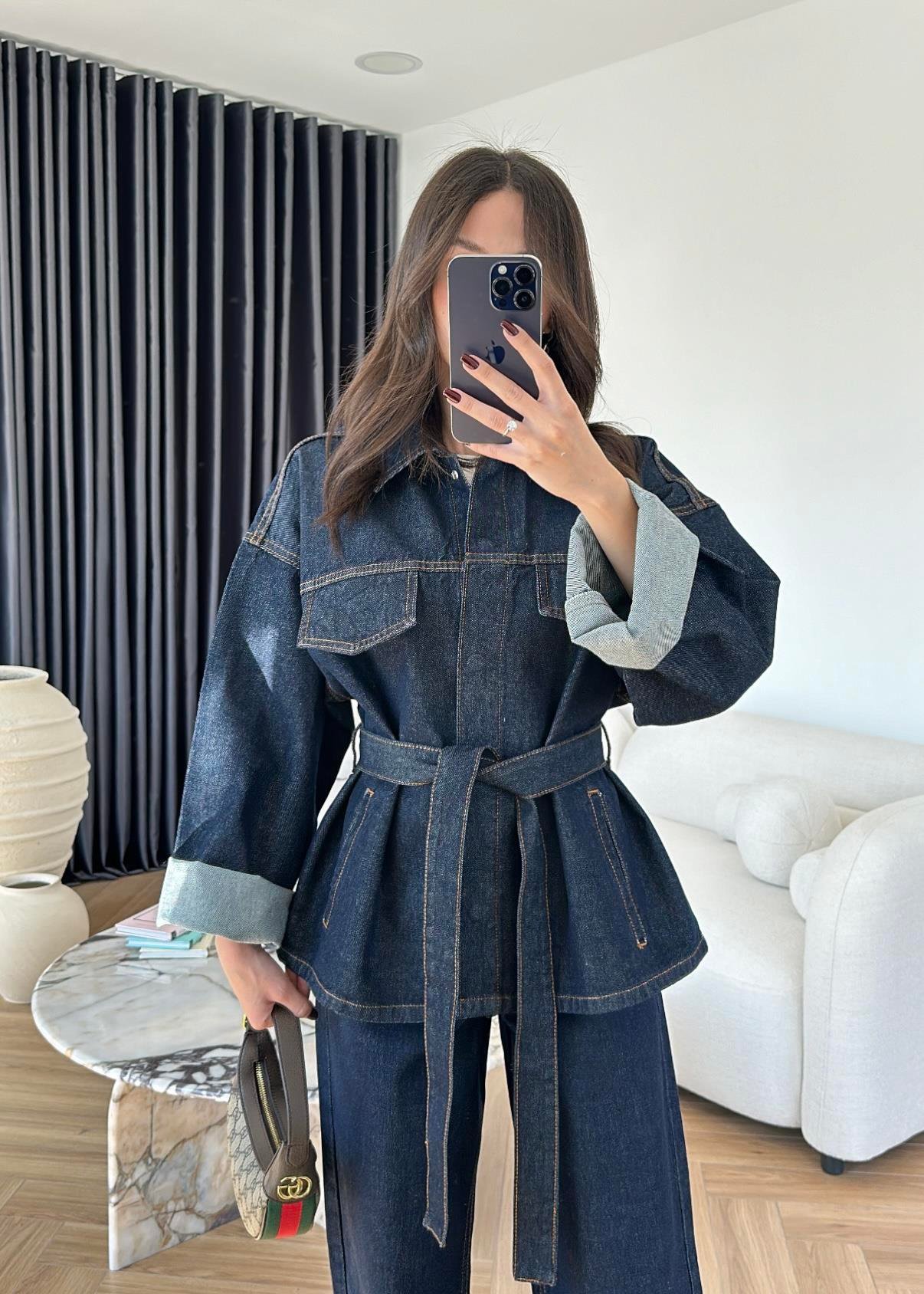 Renkli Dikişli Denim Takım LACİVERT