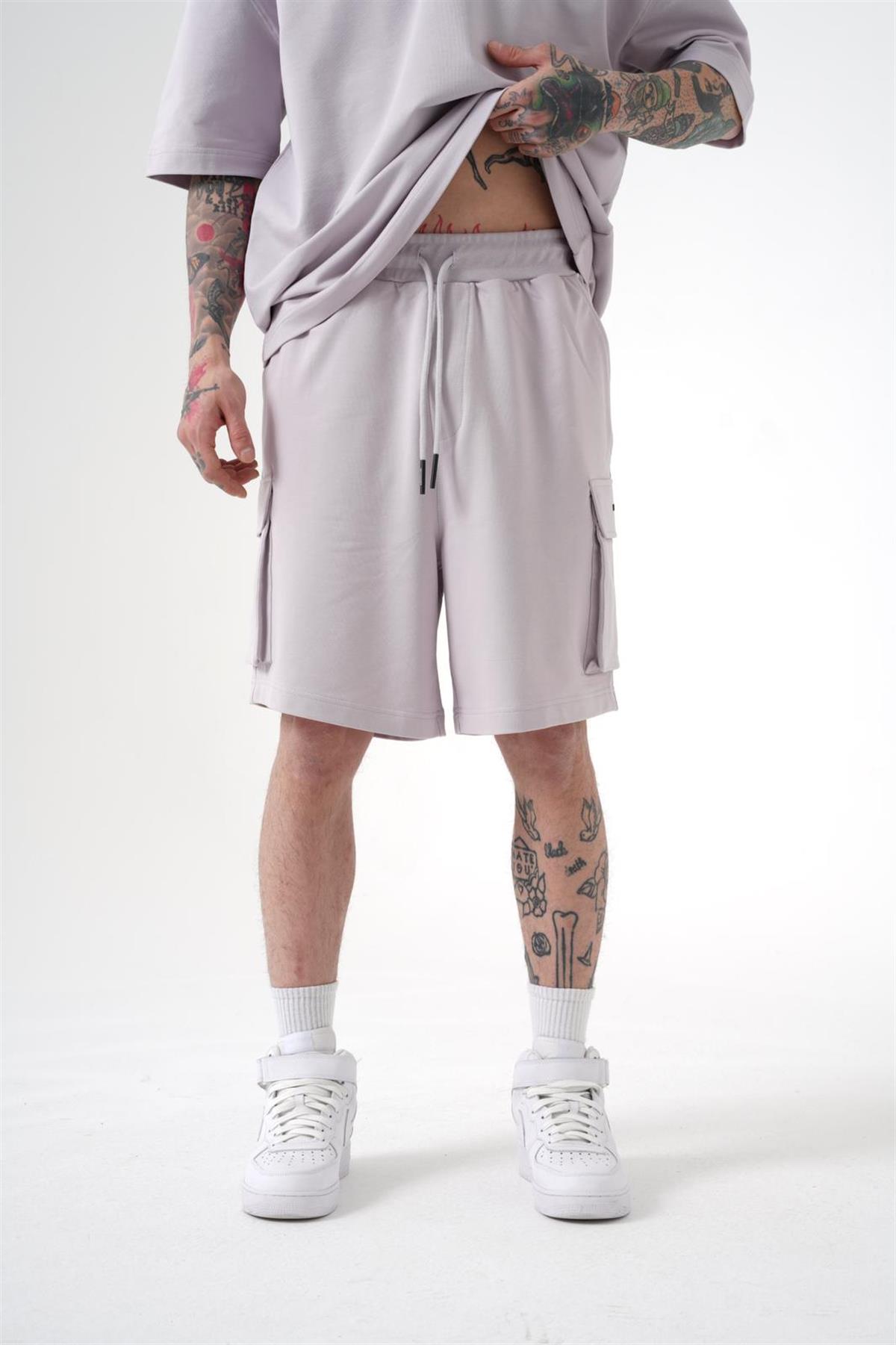 Erkek Kargo Cepli Basic Oversize Açık Gri Şort