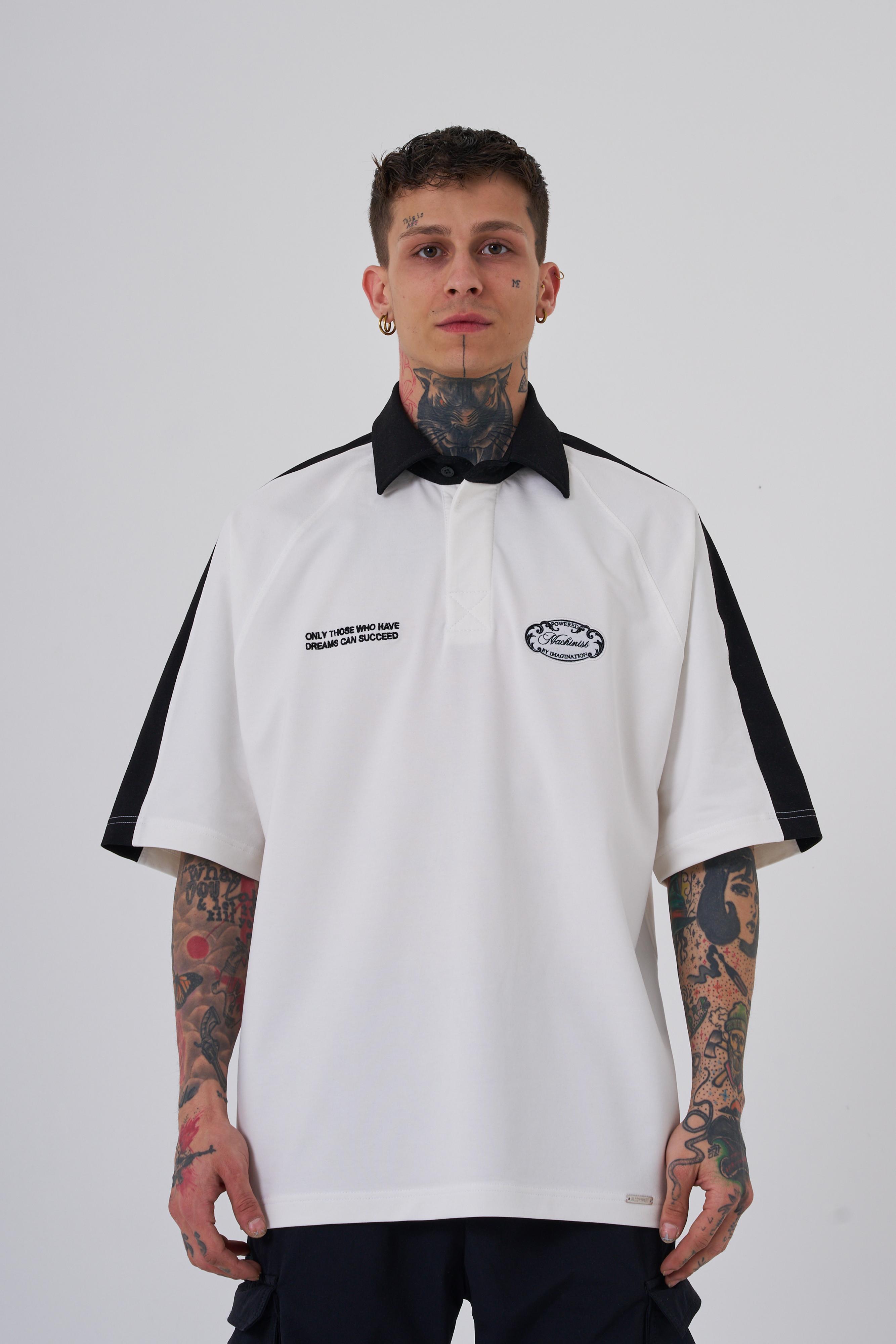 Erkek Reglan Contrast Oversize Ekru Polo Yaka Tişört