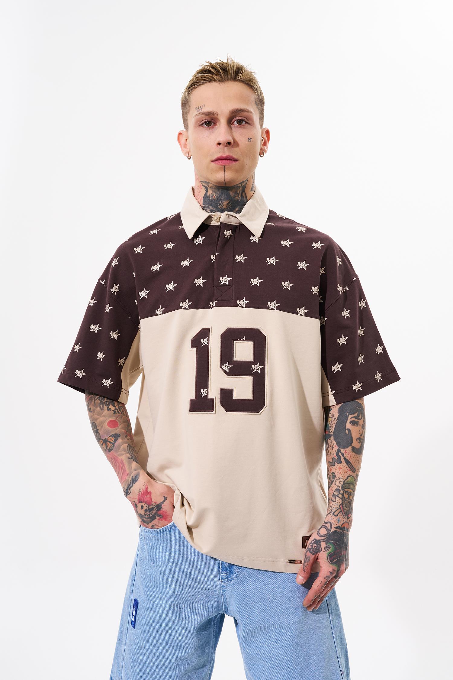 Erkek 19 Nakışlı Oversize Polo Yaka Bej Kahve Tişört