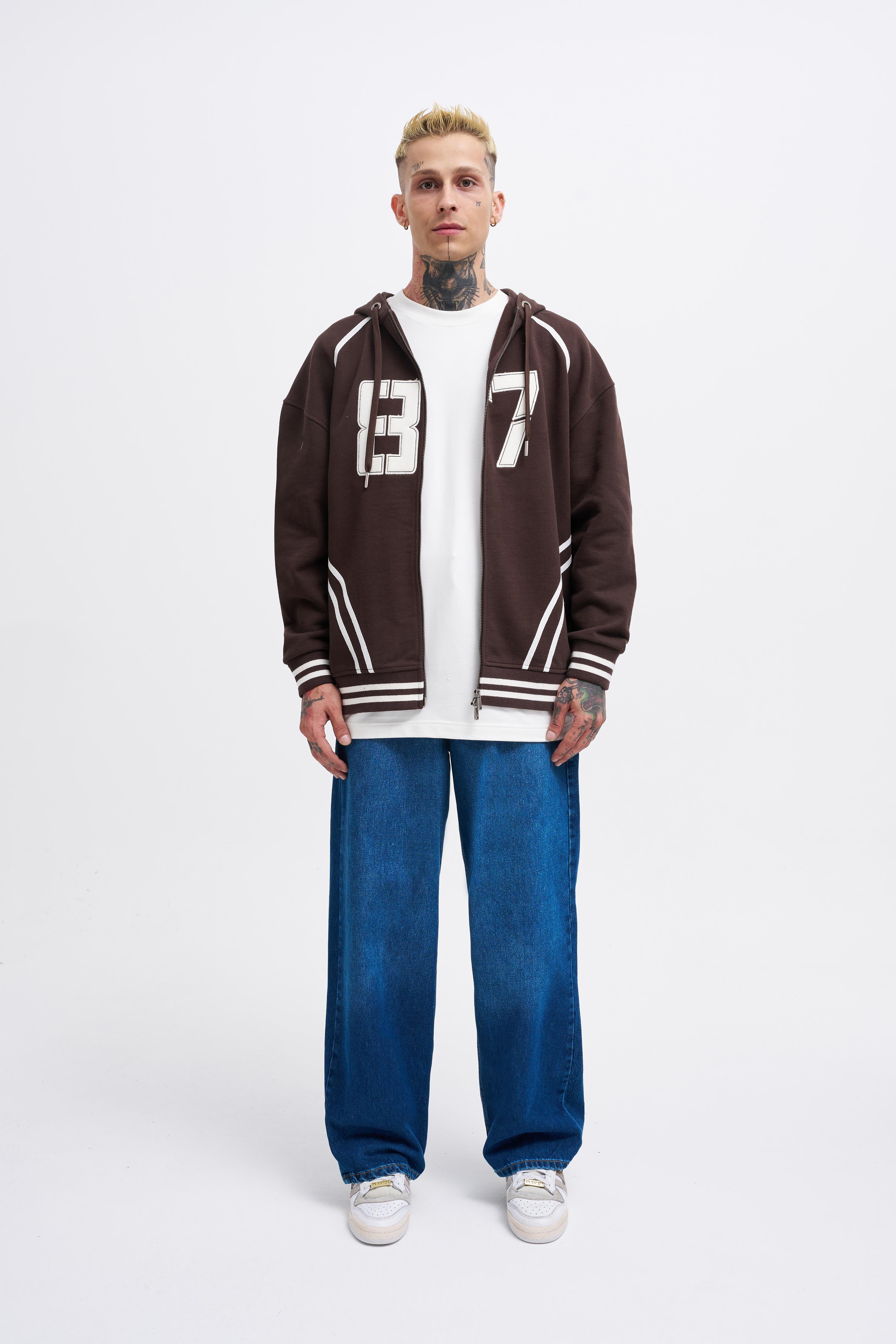 Erkek 87 Aplique Kahverengi Zip Jacket