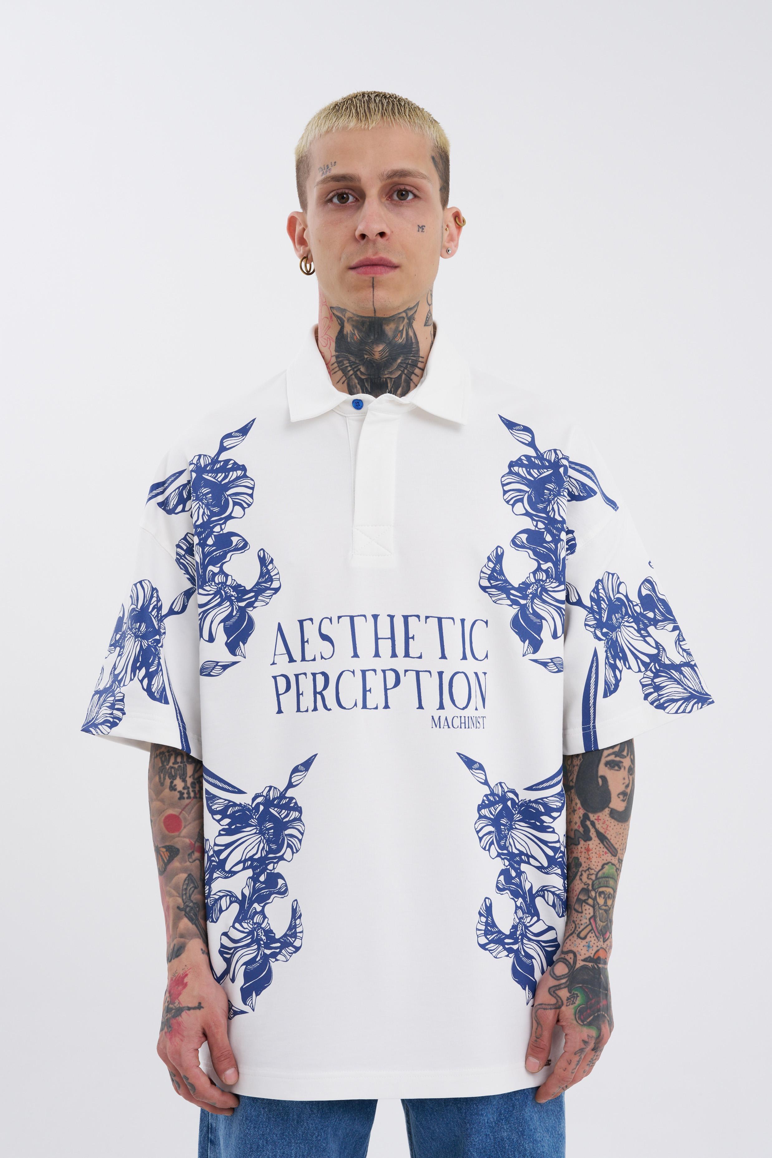 Erkek Aesthetic Flower Baskılı Ekru Polo Yaka Tişört