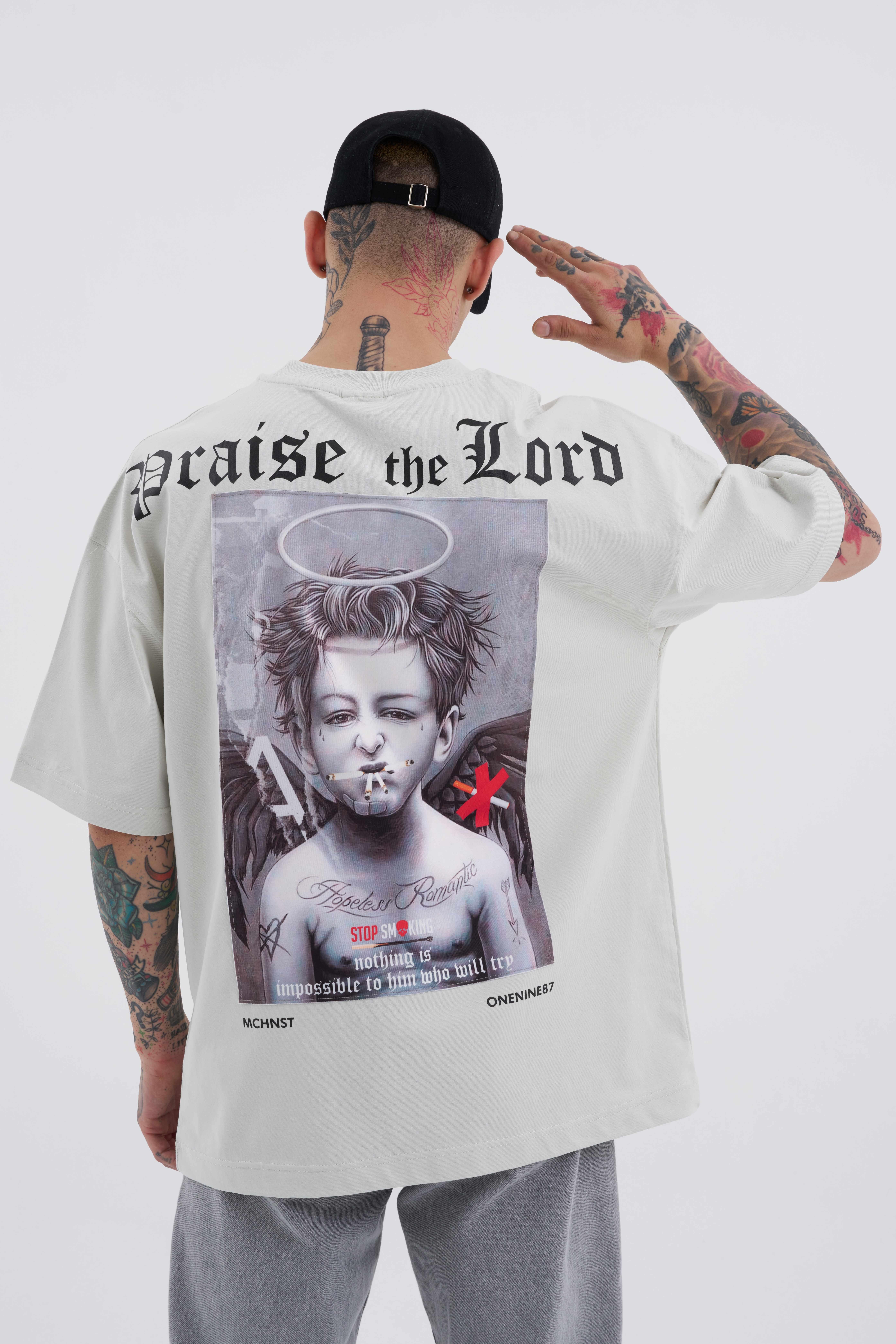 Erkek Bad Angels Baskılı Oversize Gri Tişört