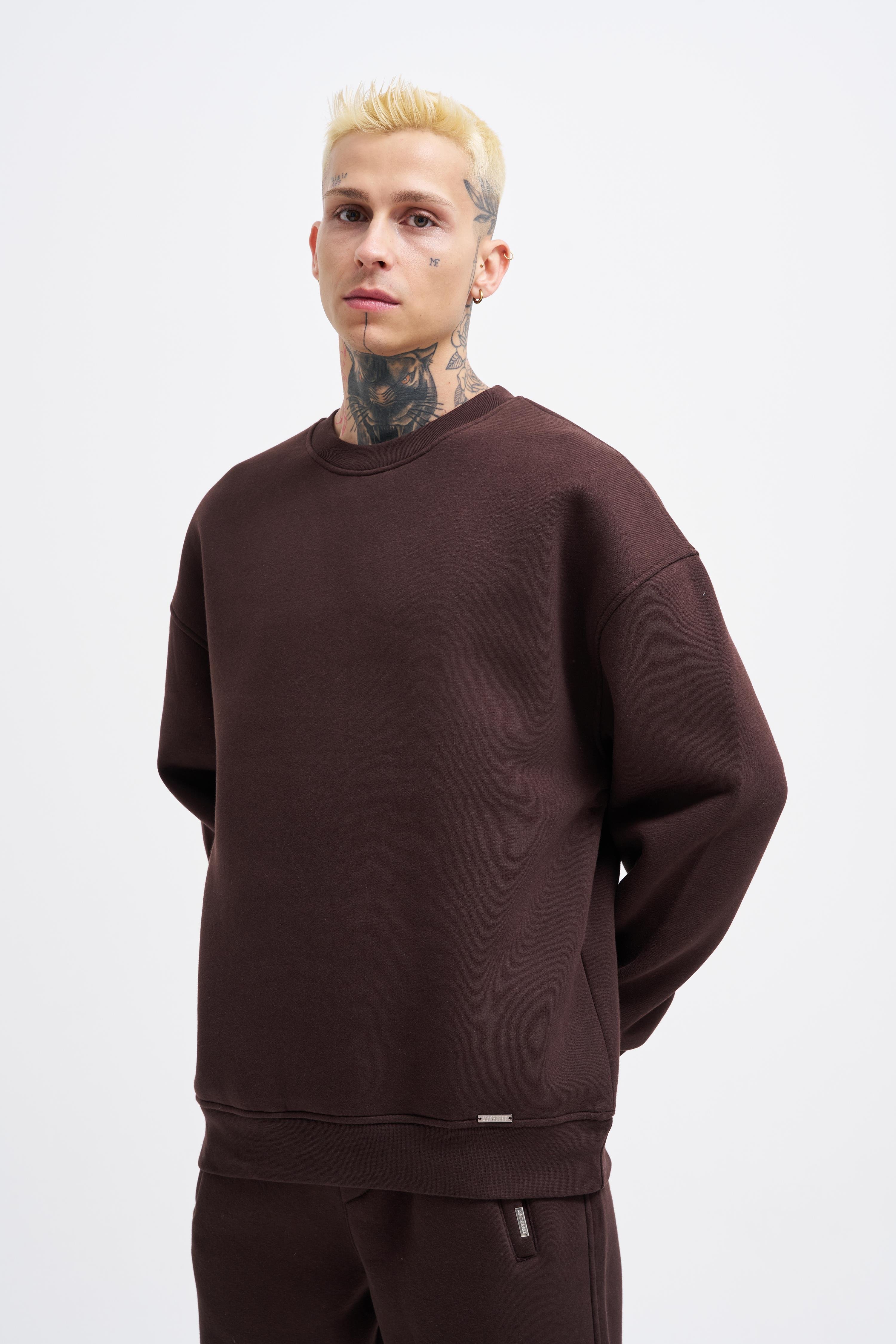 Erkek Basic Bisiklet Yaka Oversize Kahverengi Sweatshirt