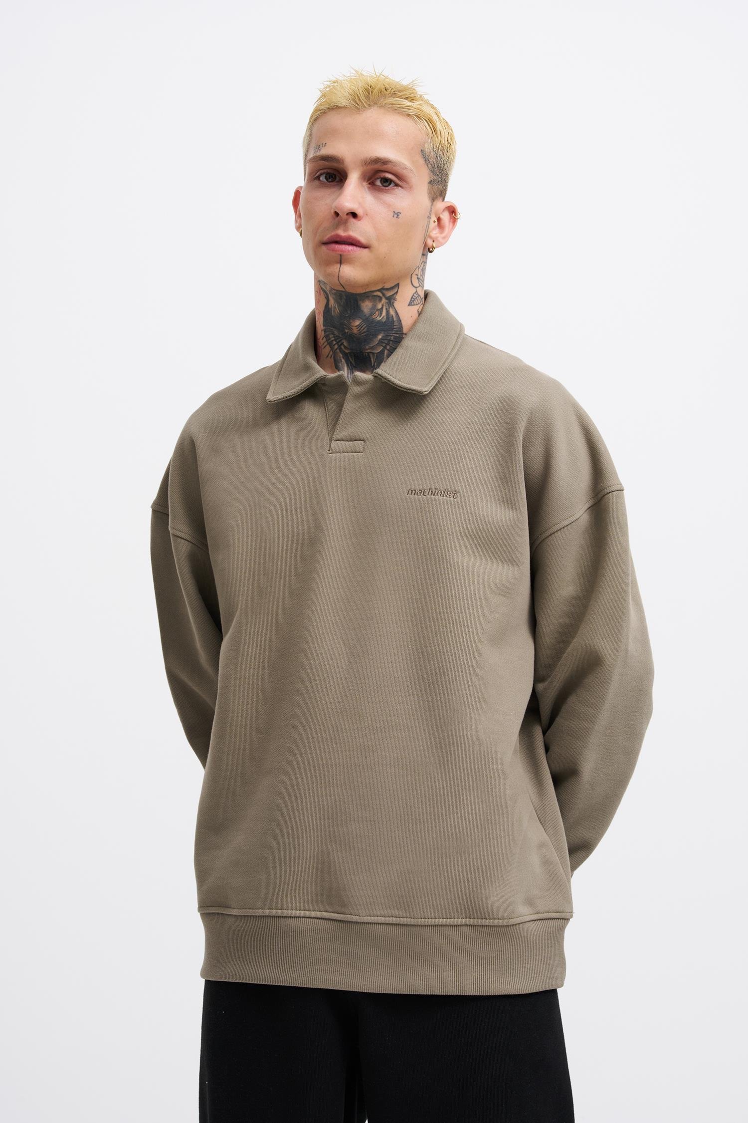 Erkek Basic Diagonal Polo Haki Sweatshirt