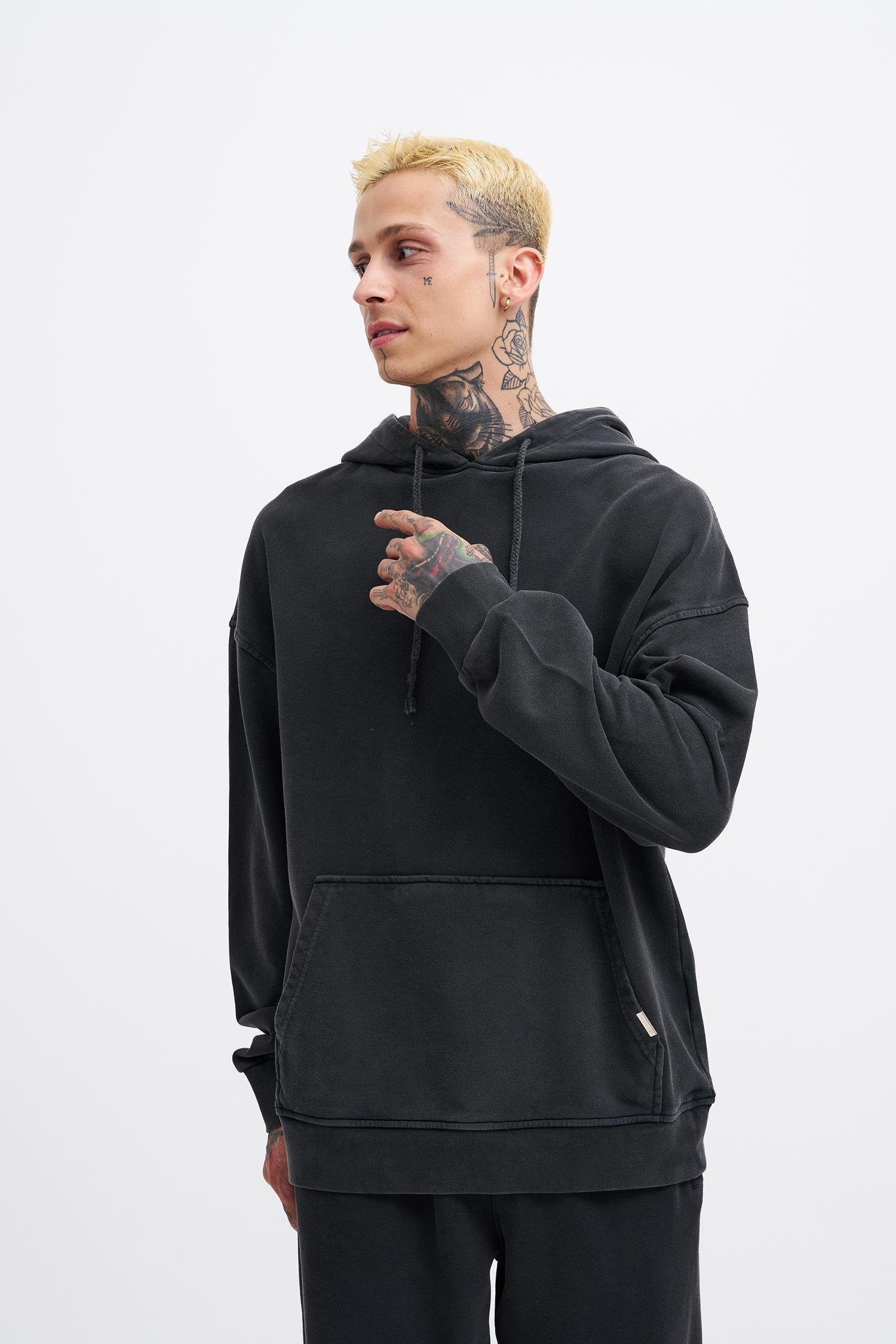 Erkek Basic Kapüşonlu Oversize Yıkamalı Siyah Sweatshirt