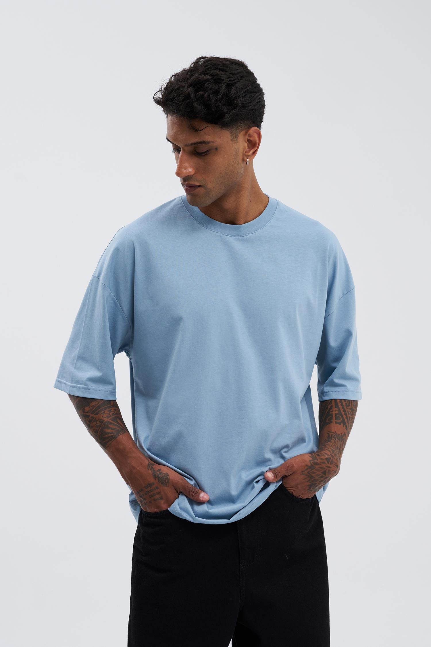 Erkek Basic Super Pamuklu Oversize Duman Mavi Tişört