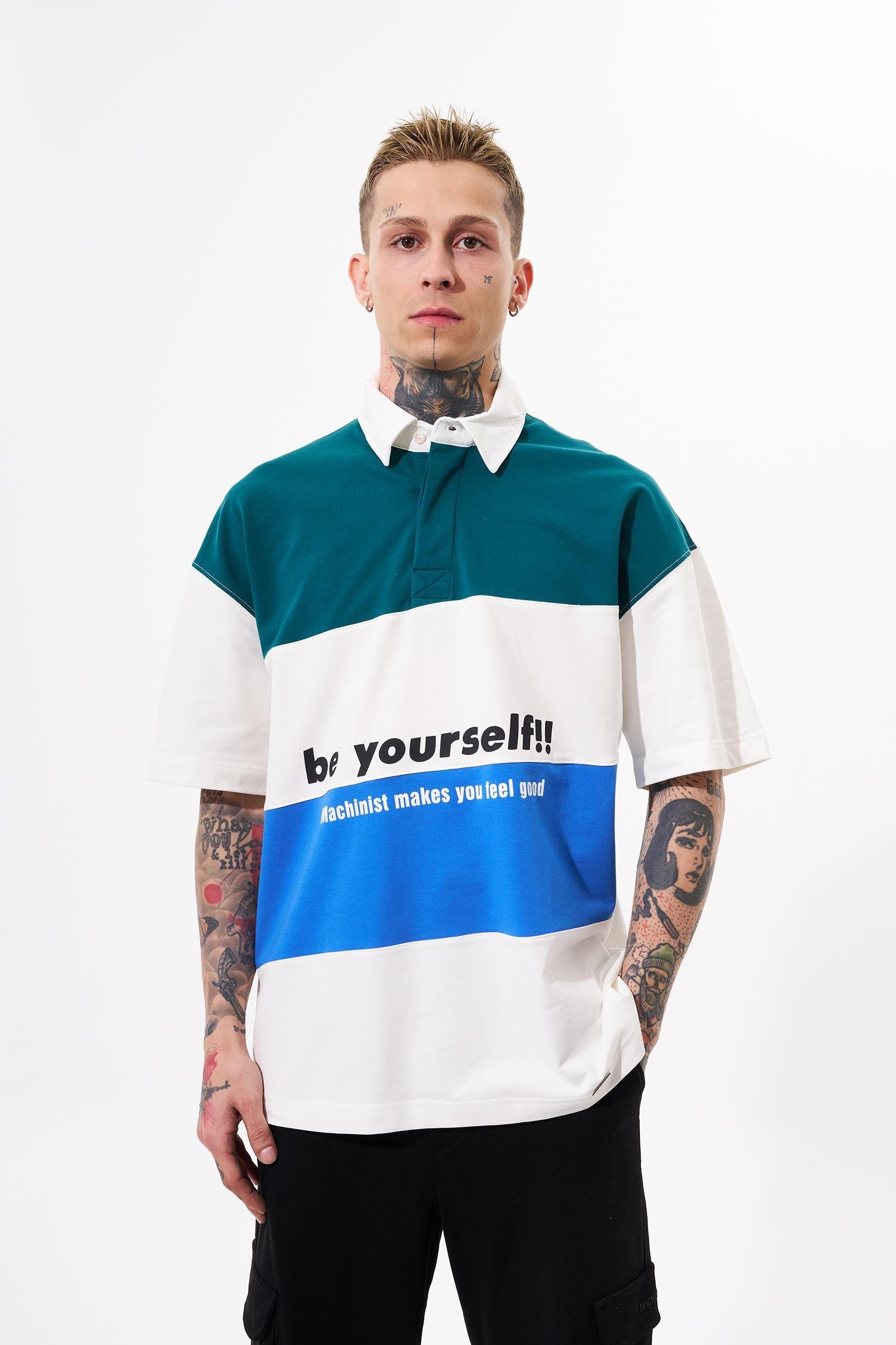 Erkek Be Yourself Polo Yaka Oversize Petrol Yeşili Açık Mavi Tişört