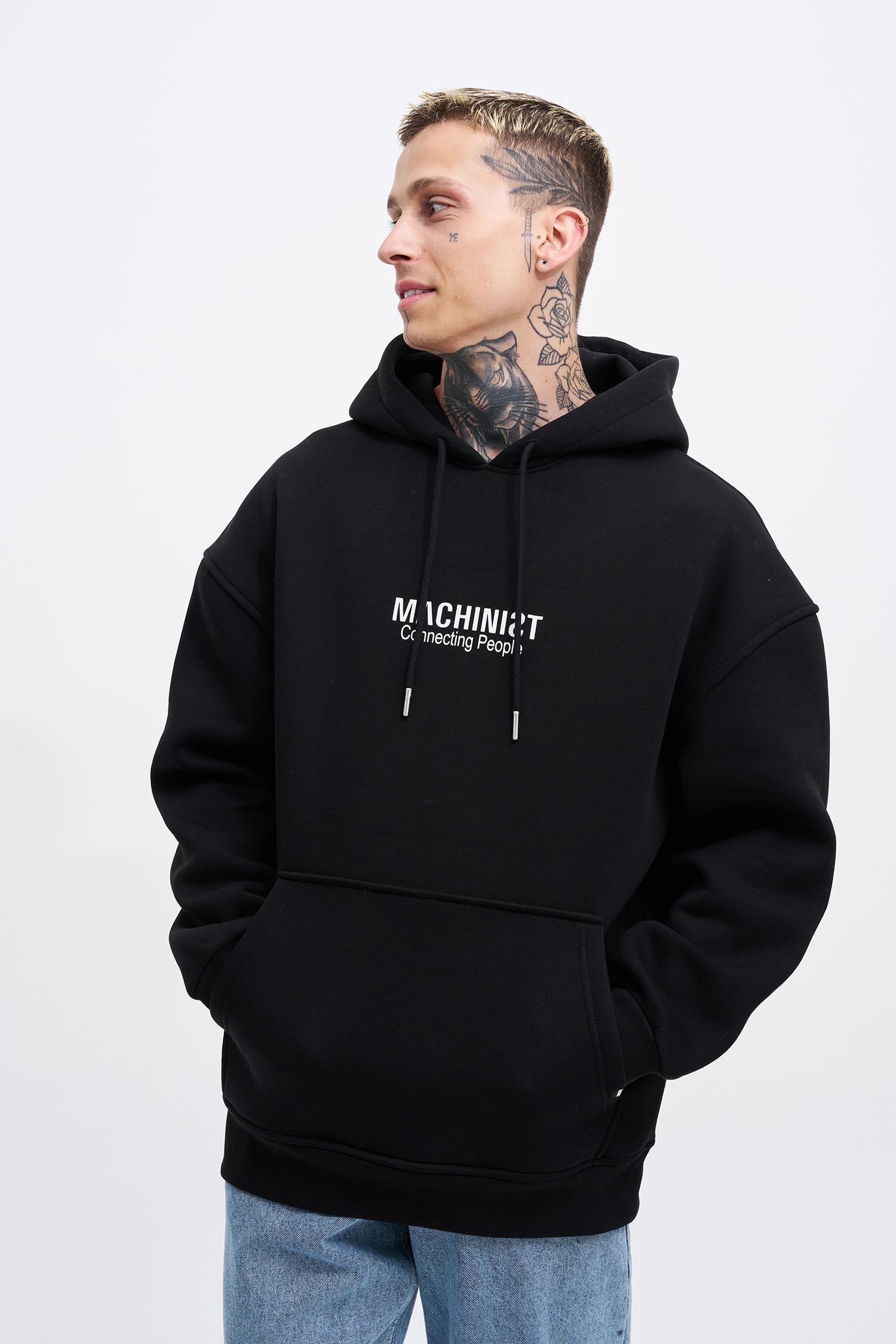 Erkek Connecting People Baskılı Kapüşonlu Siyah Sweatshirt