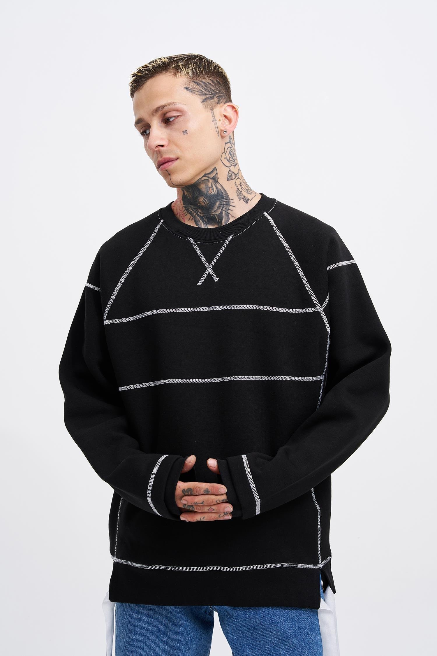Erkek Dikiş Detay Oversize Siyah Sweatshirt