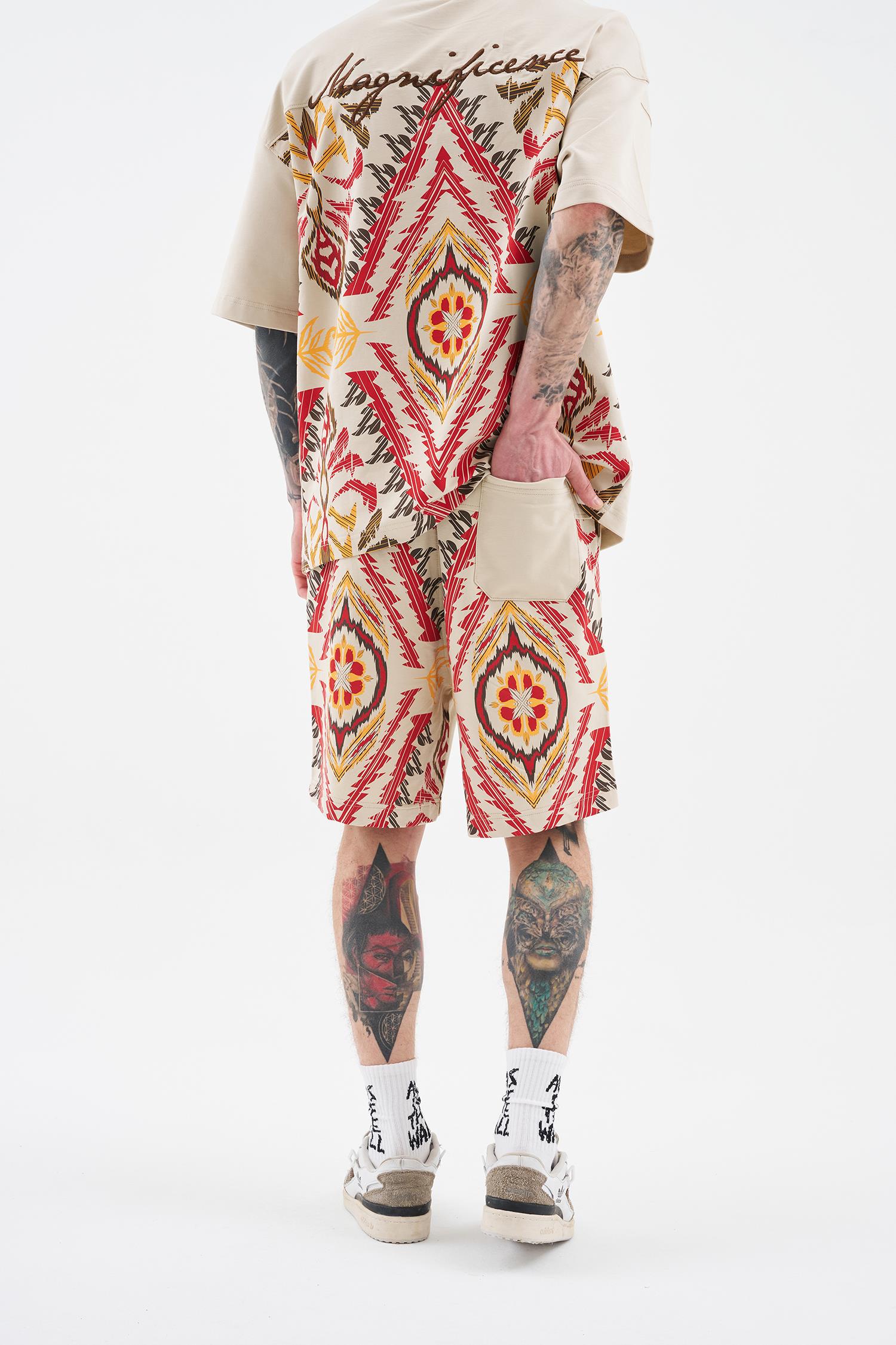 Erkek Ethnical Printed And Embroidered Soft Bej Şort