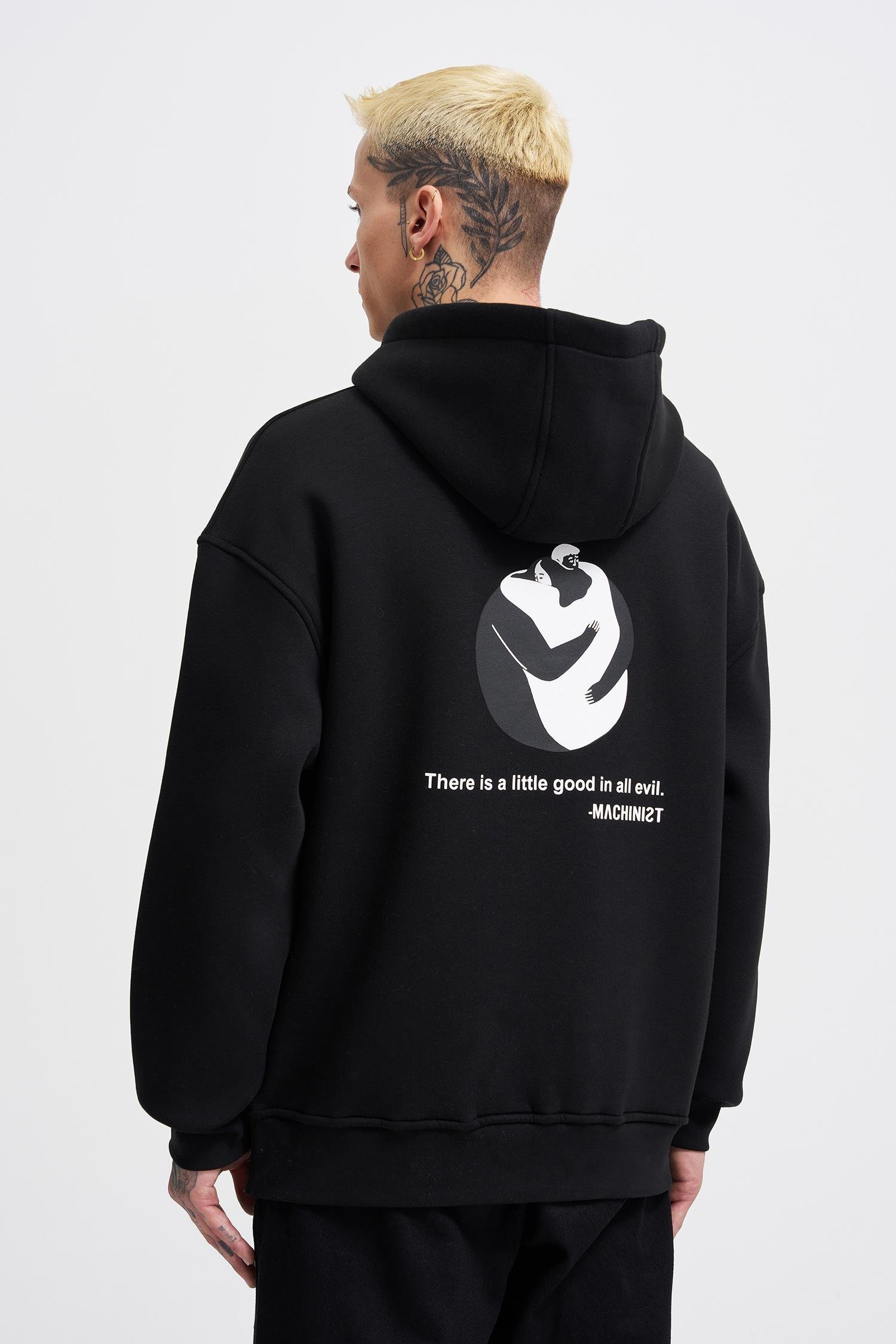 Erkek Good And Evil Baskılı Oversize Siyah Sweatshirt