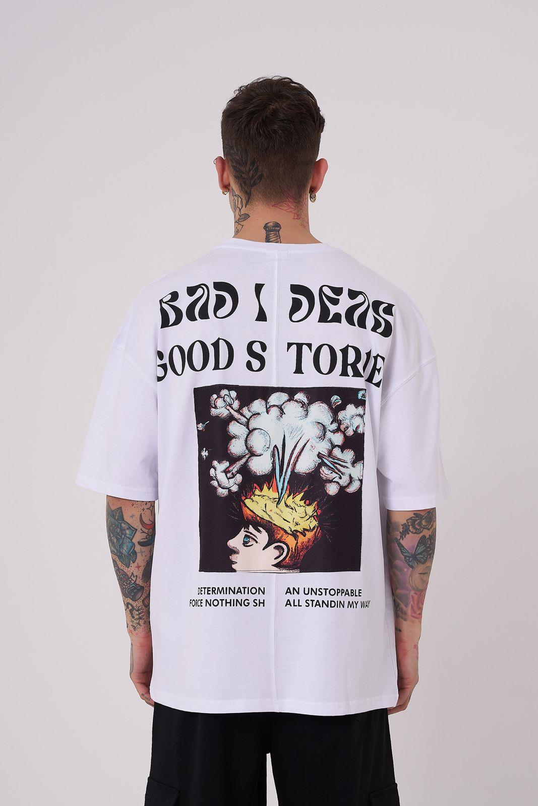 Erkek Good Stories Baskılı Oversize Beyaz Tişört