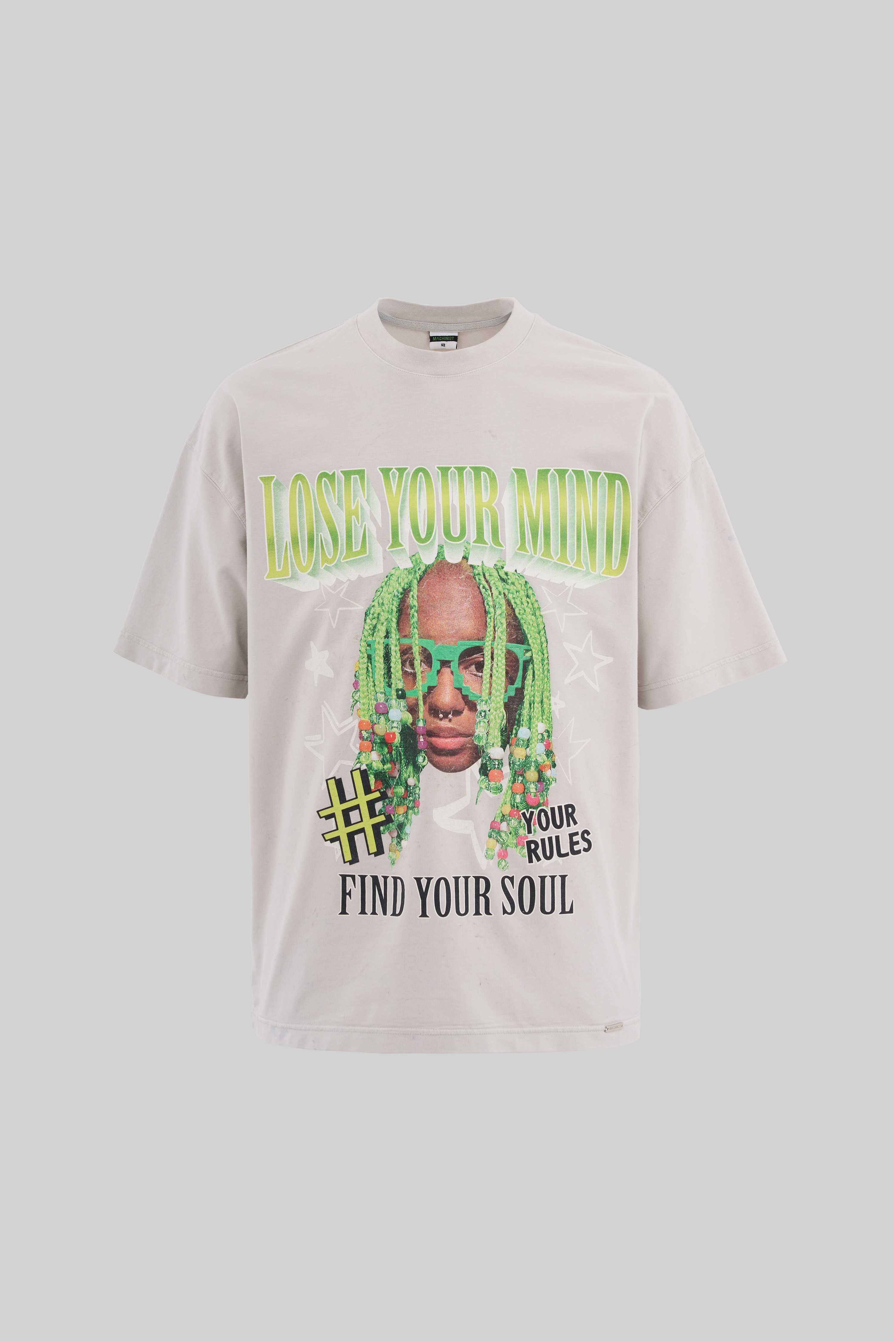 Erkek Graphic And Slogan Printed Yikamali Oversize Koyu Bej Tişört