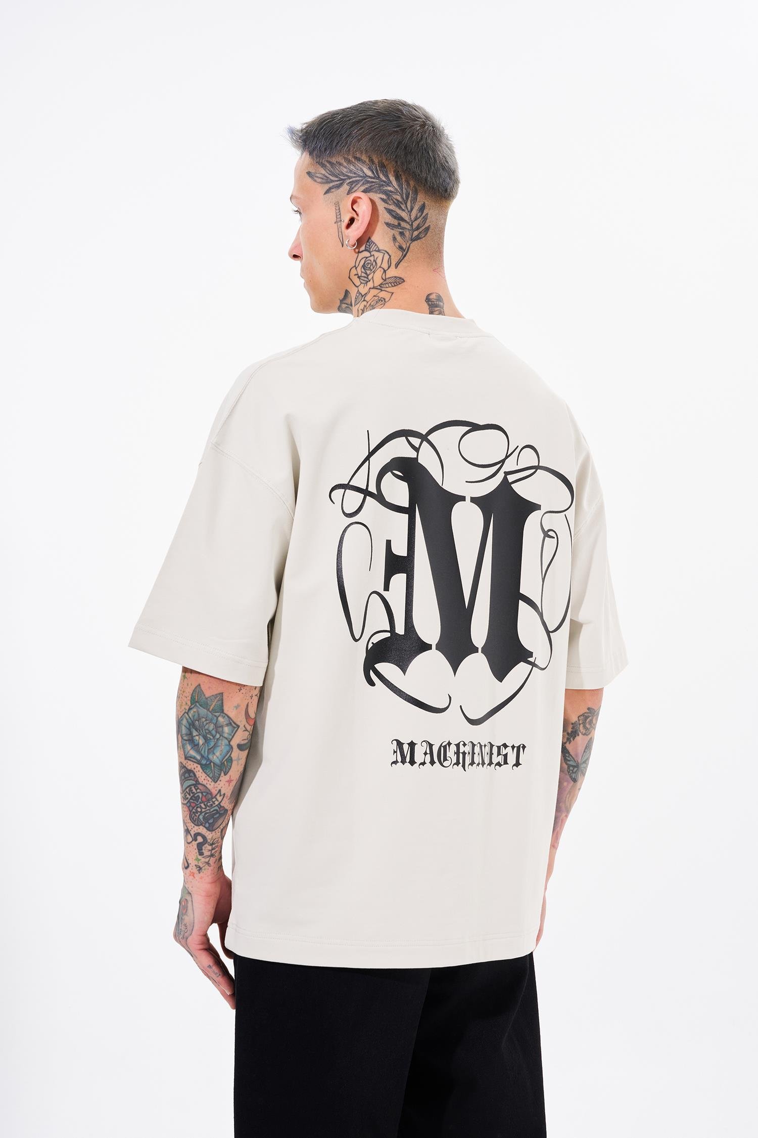 Erkek High Neck Baskılı Oversize Gri Tişört