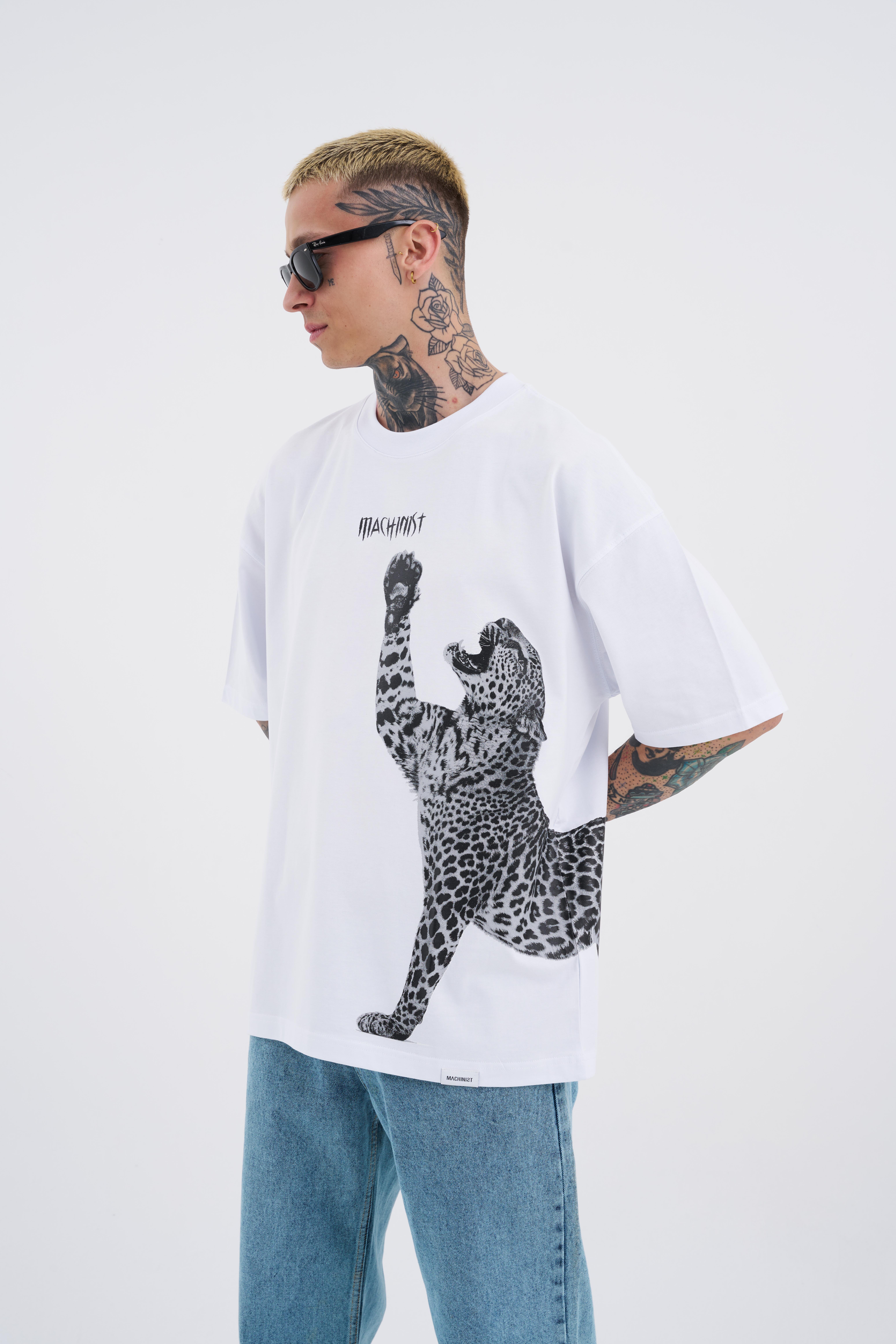 Erkek Leopard Baskılı Oversize Beyaz Tişört