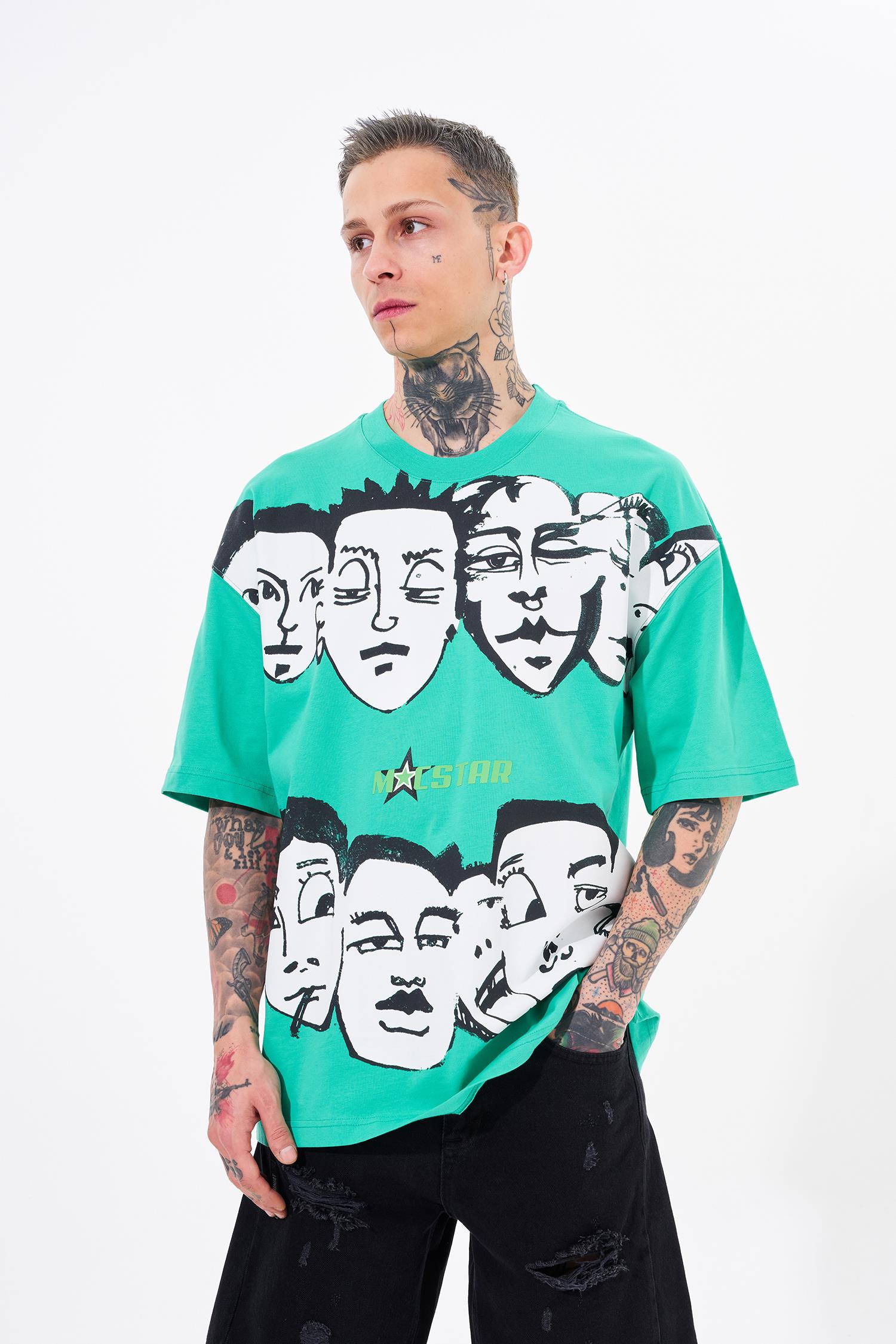 Erkek Macstar Heads Oversize Açık Yeşil Tişört