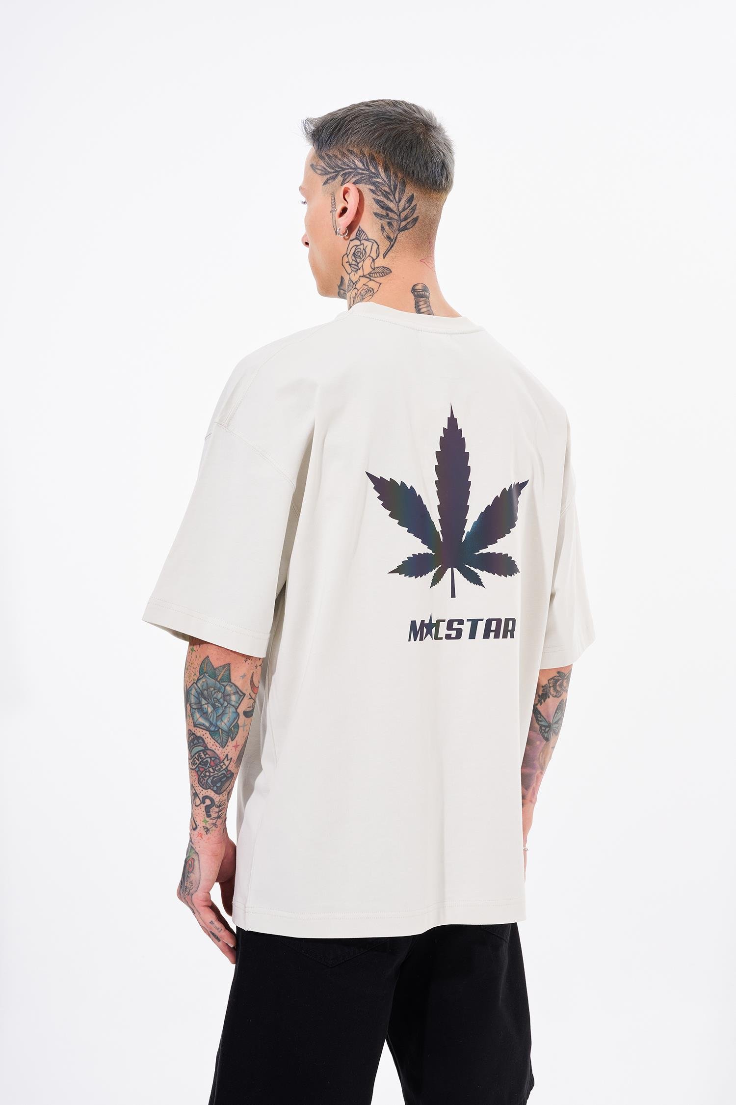 Erkek Macstar Leaf Baskılı Oversize Gri Tişört