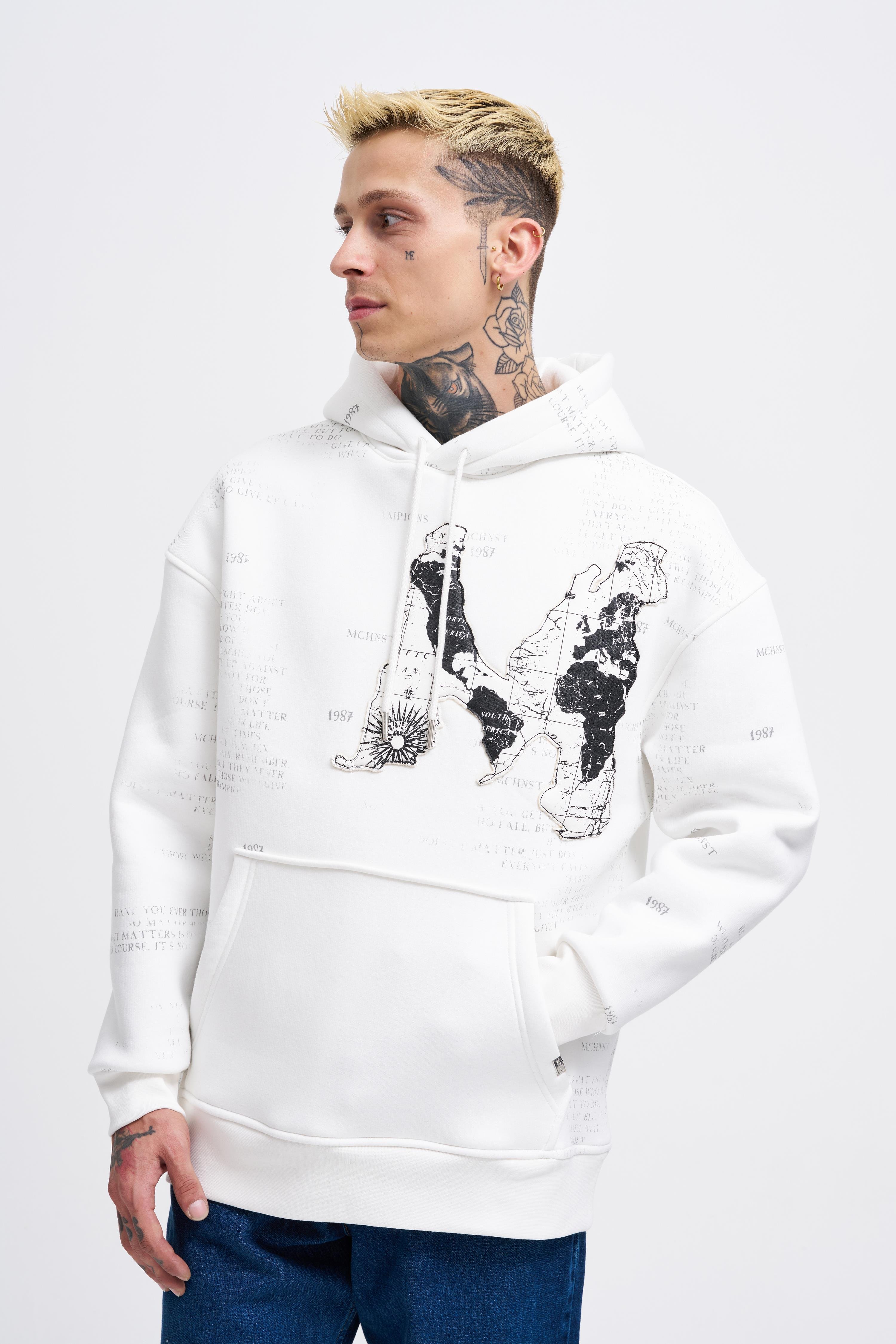 Erkek Map Printed And Applique Ekru Hoodie