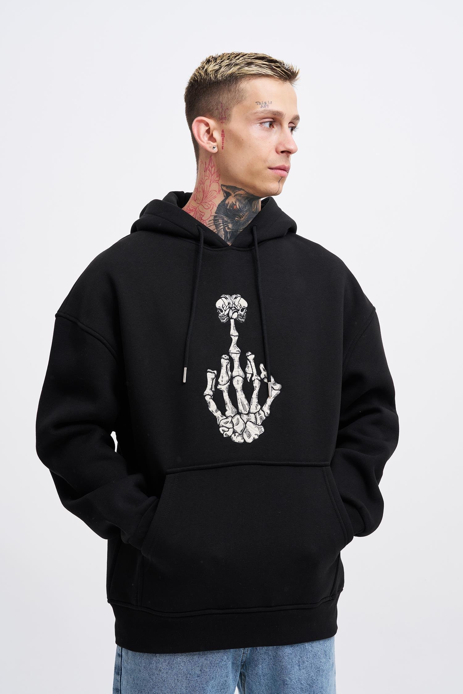 Erkek Middle Finger Baskılı Kapüşonlu Oversize Siyah Sweatshirt