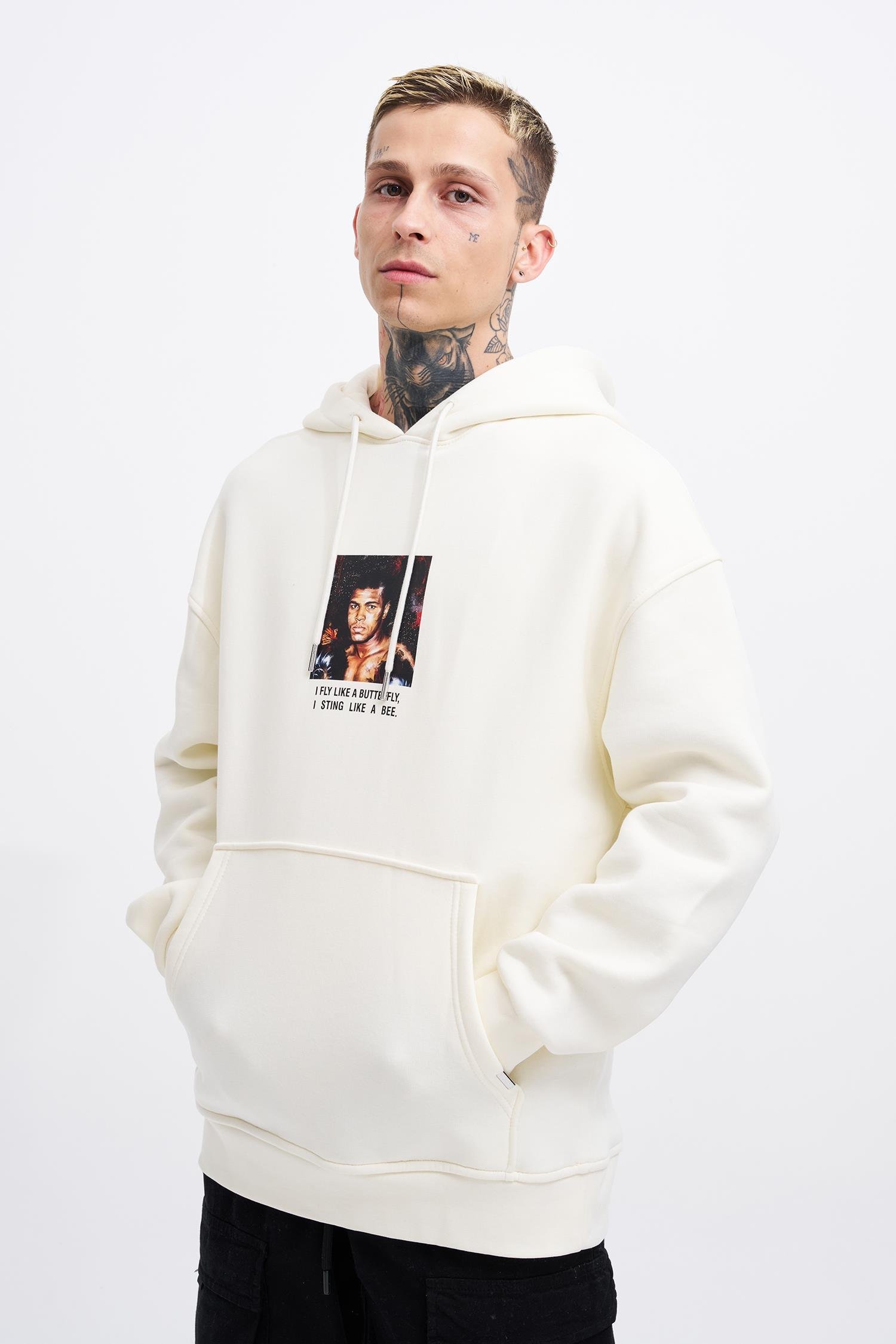 Erkek Muhammed Ali Baskılı Kapüşonlu Ekru Sweatshirt
