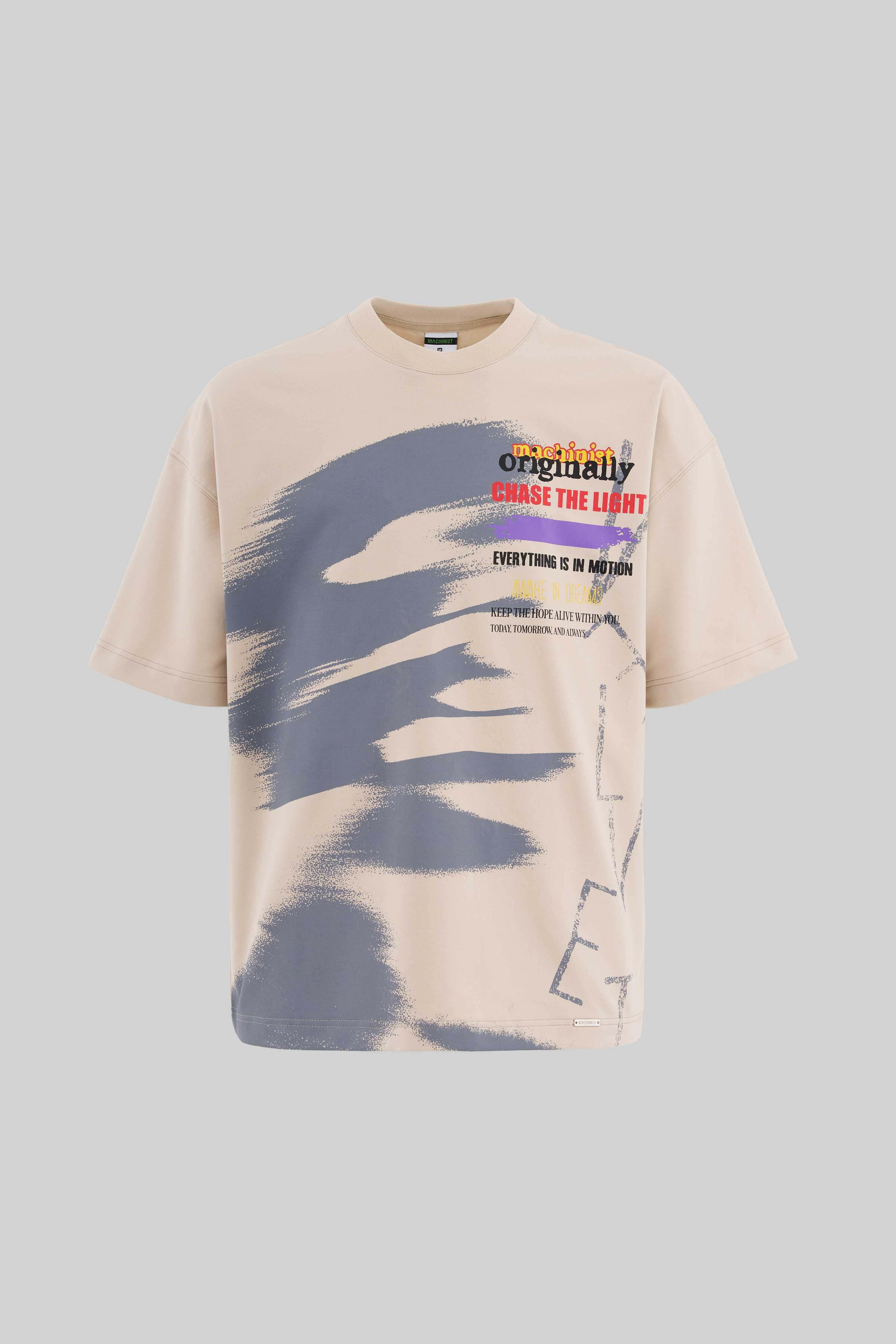 Erkek Multi Colored And Slogan Printed Oversize Soft Bej Tişört