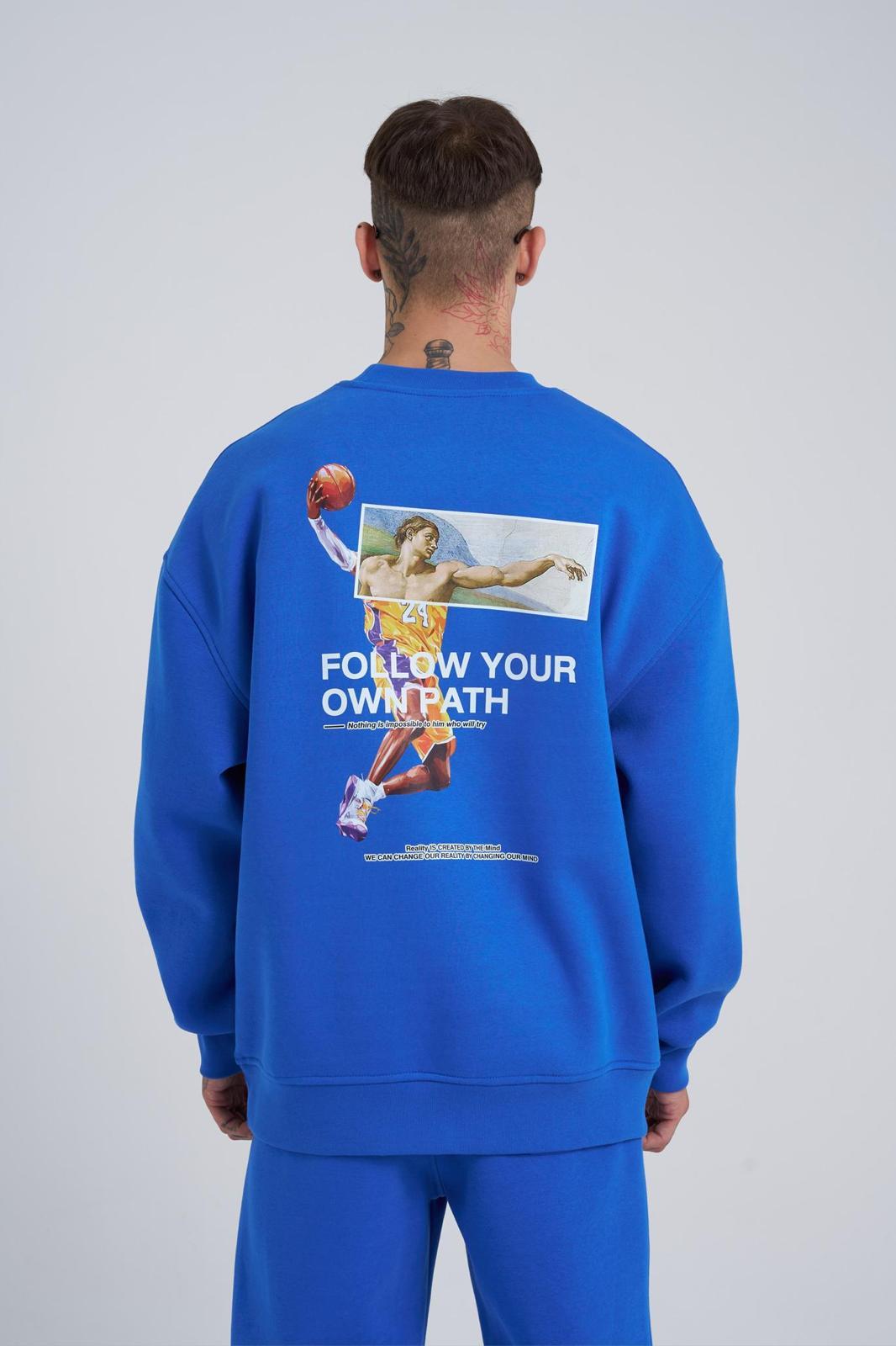 Erkek Oversize Follow Your Own Baskılı Basic Sweatshirt Sax