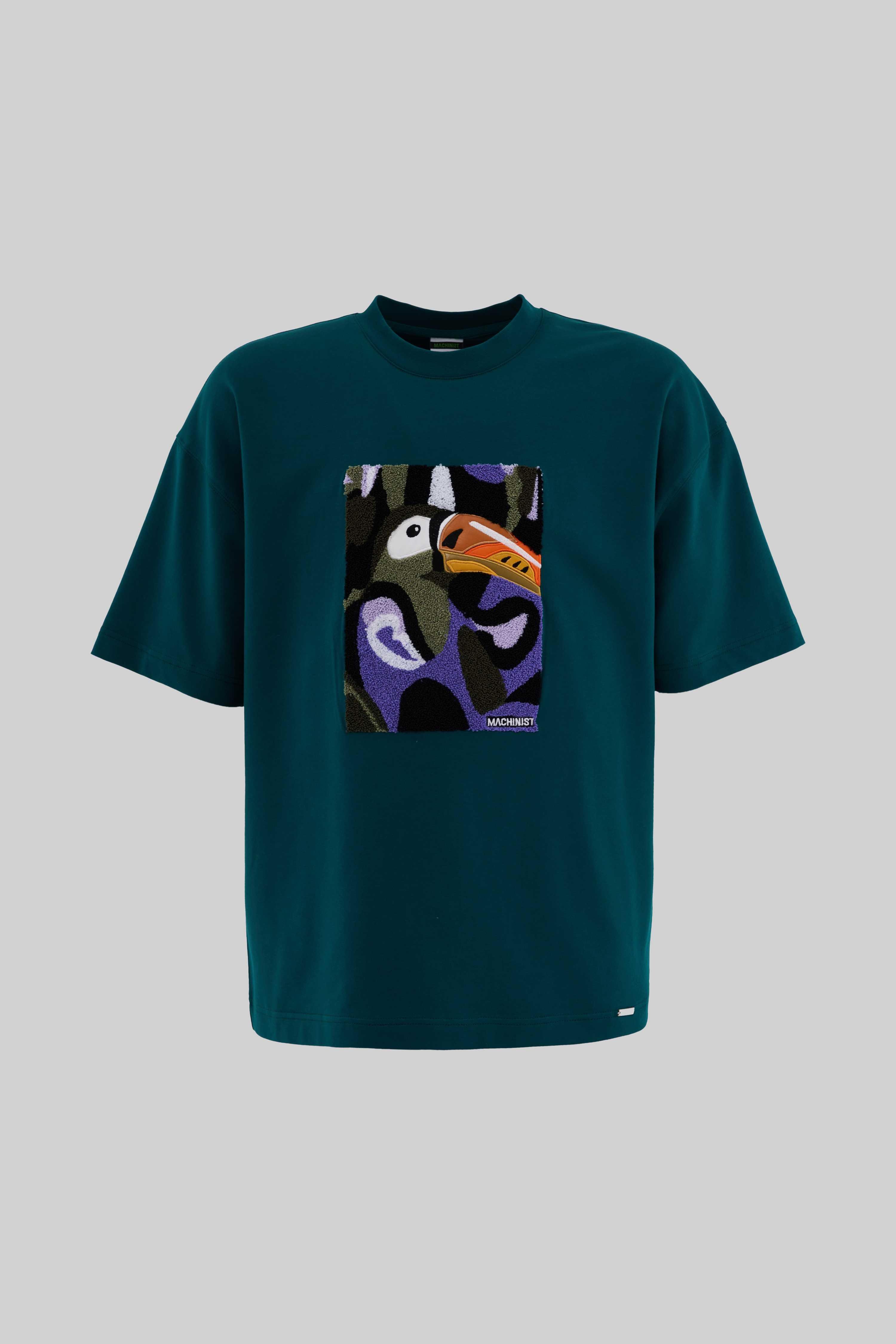 Erkek Parrot Embroidered Oversize Oil Green Tişört