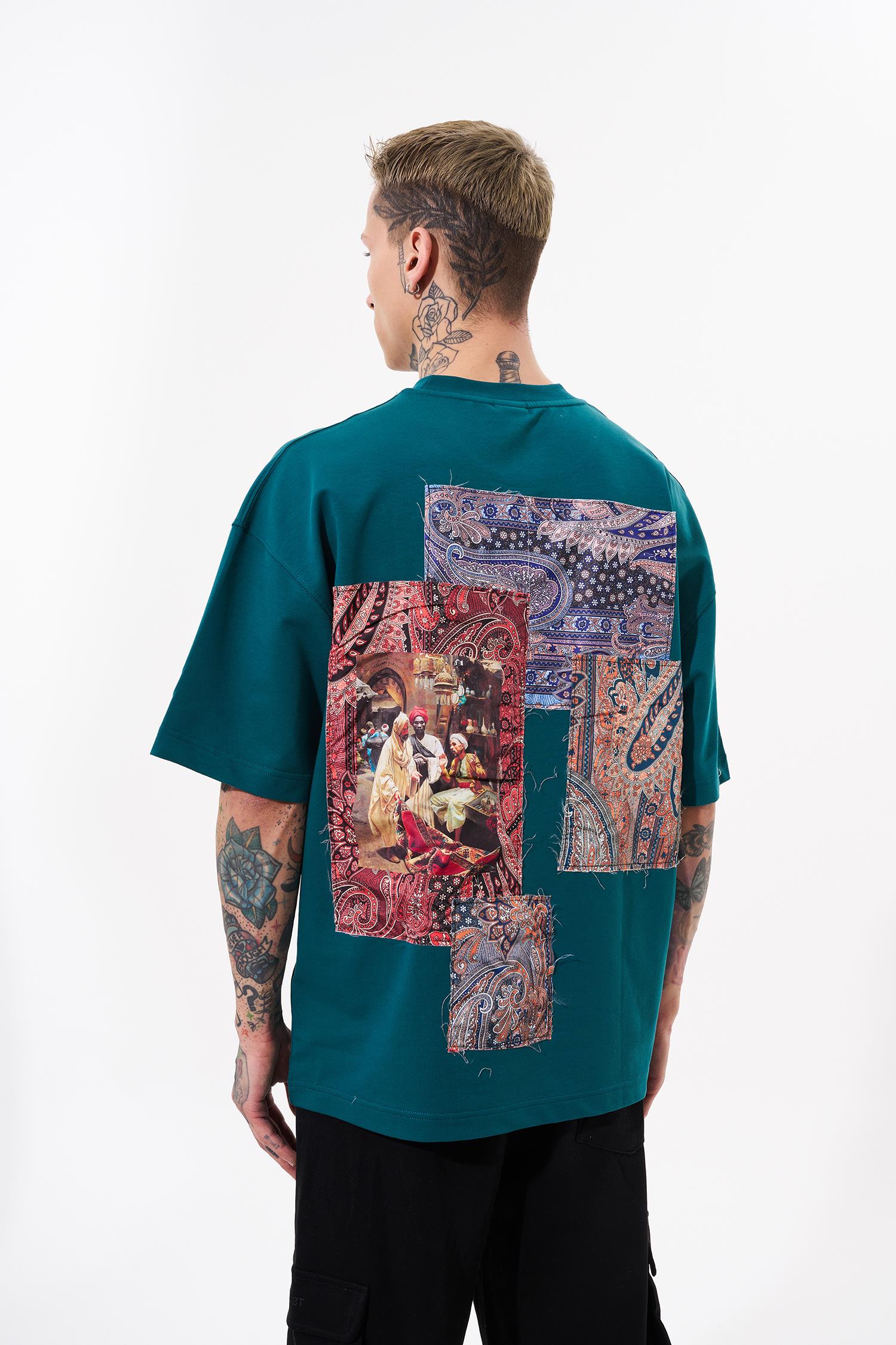Erkek Patchwork Oversize Petrol Yeşili Tişört