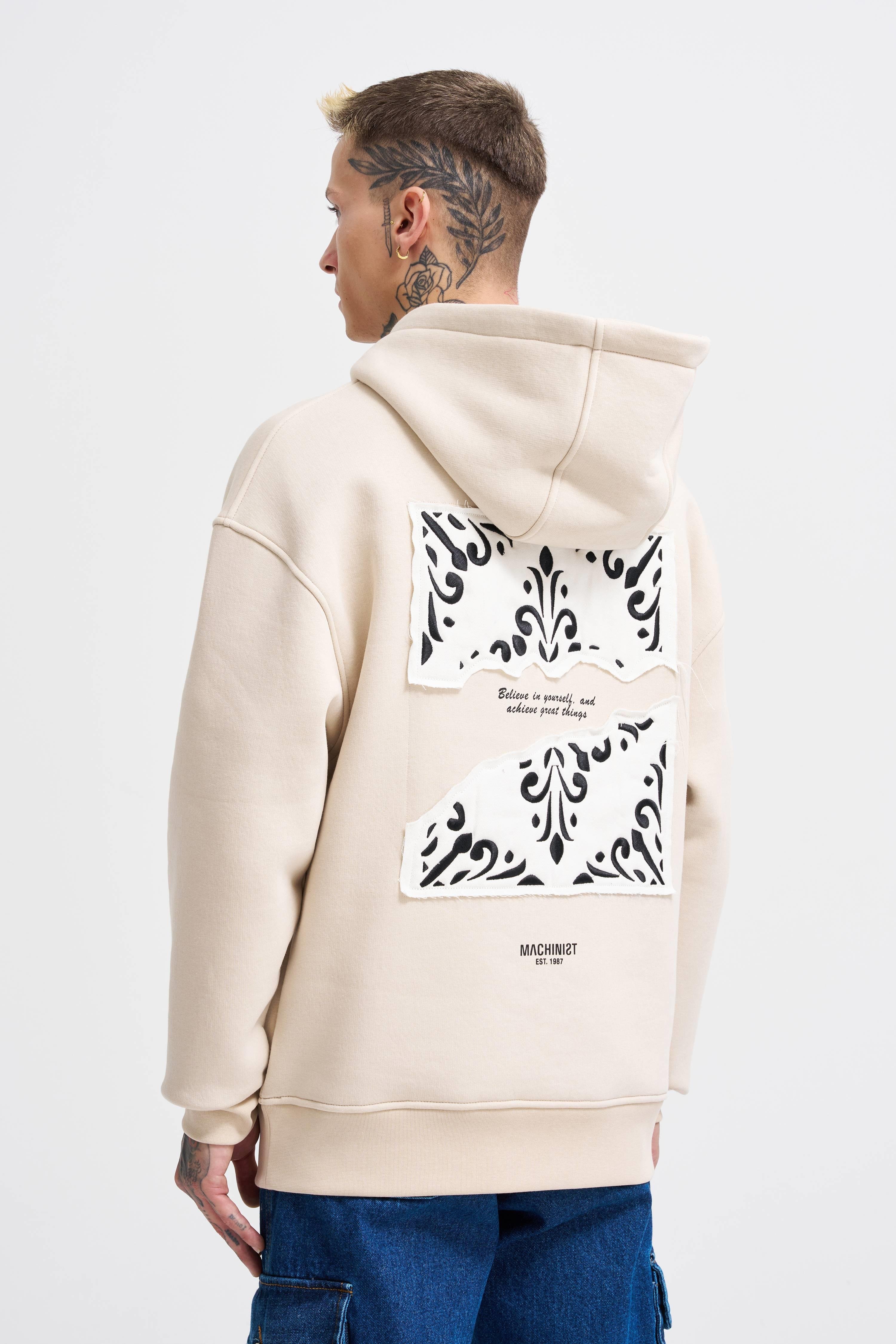 Erkek Patcwork Embroidered Açık Bej Hoodie