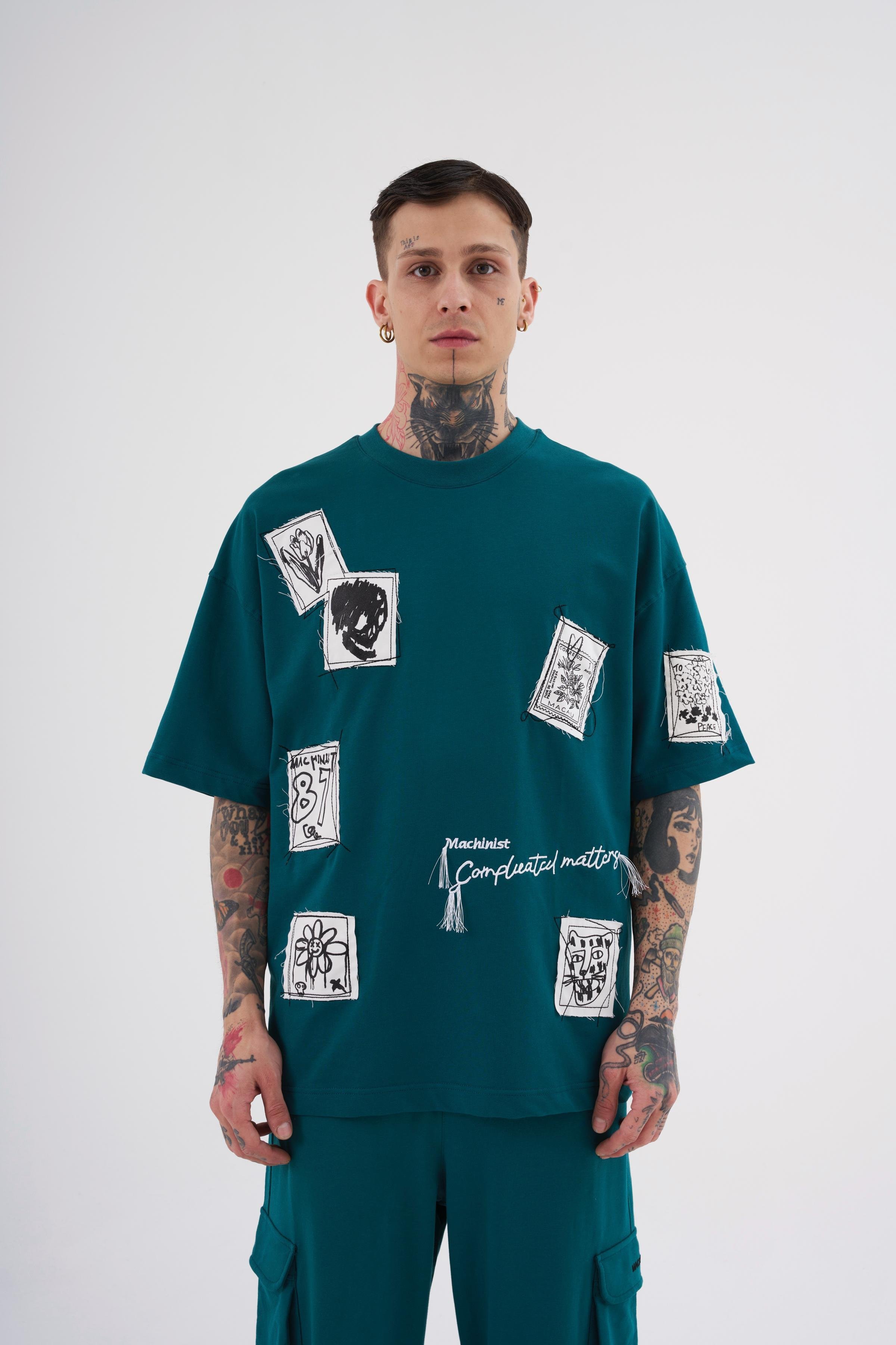 Erkek Printed Patched Baskılı Oversize Petrol Yeşili Tişört