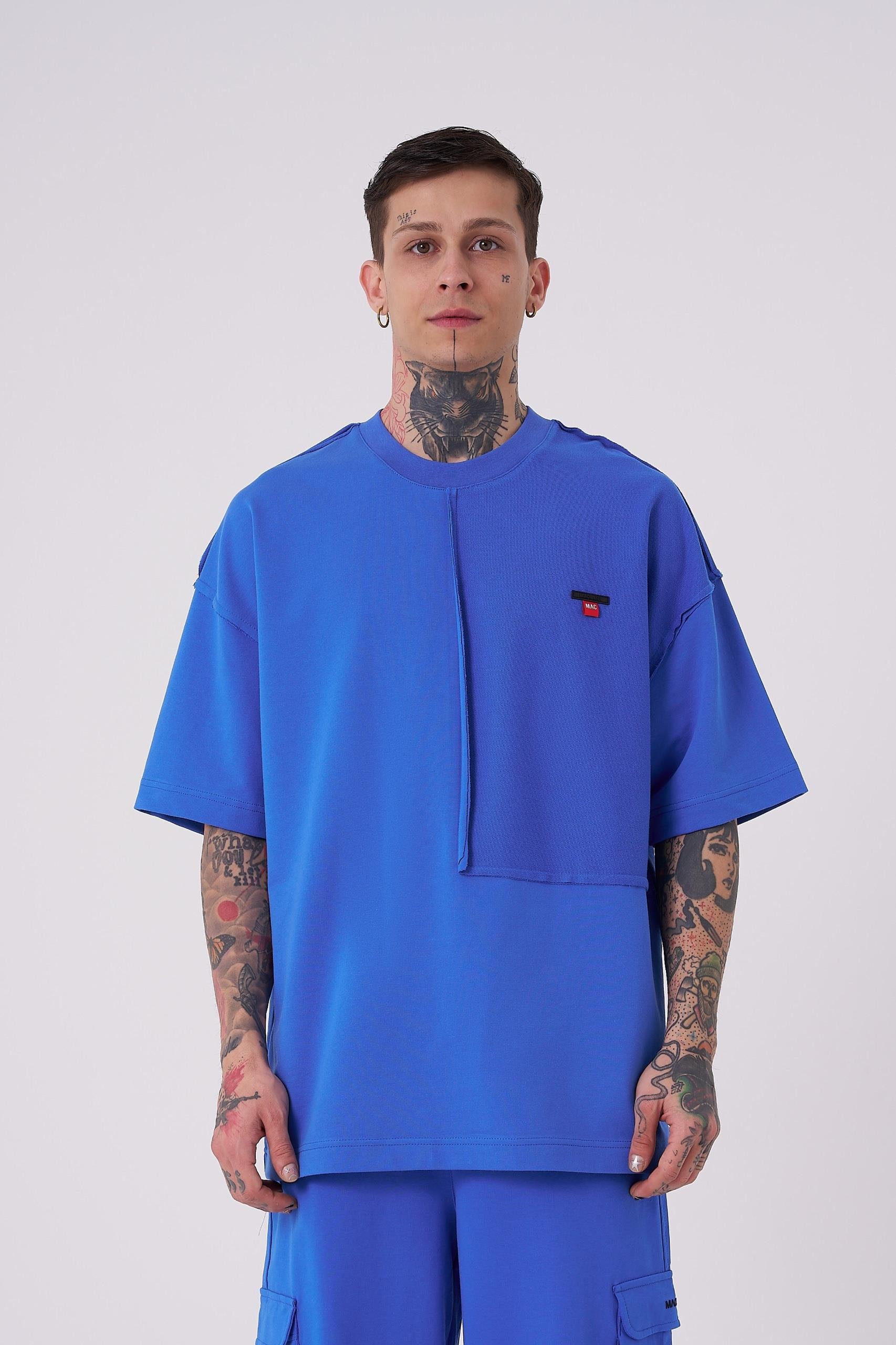 Erkek Reverse Sttich Baskılı Oversize Açık Mavi Tişört