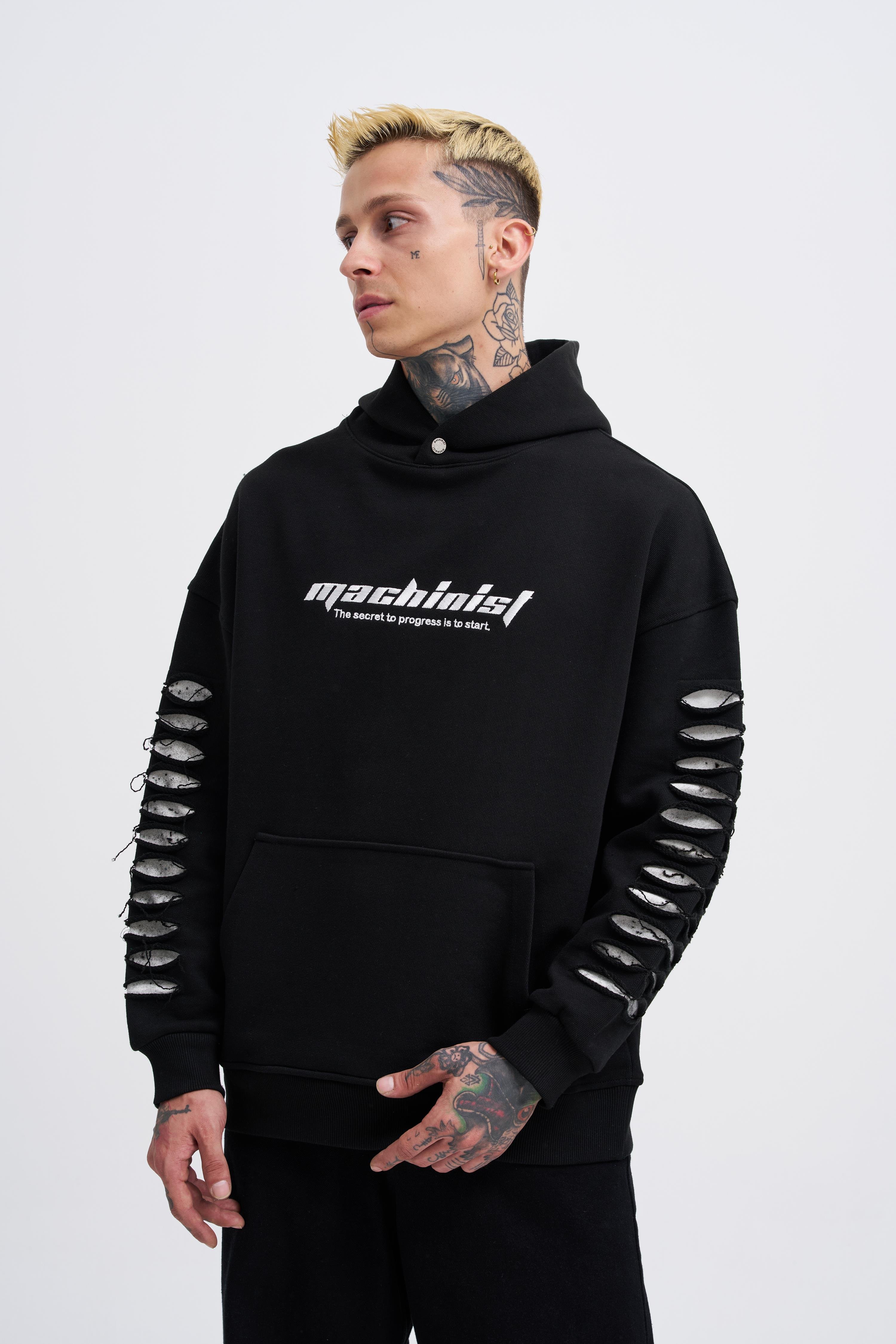 Erkek Rıpped Effects Sleeves Siyah Hoodie