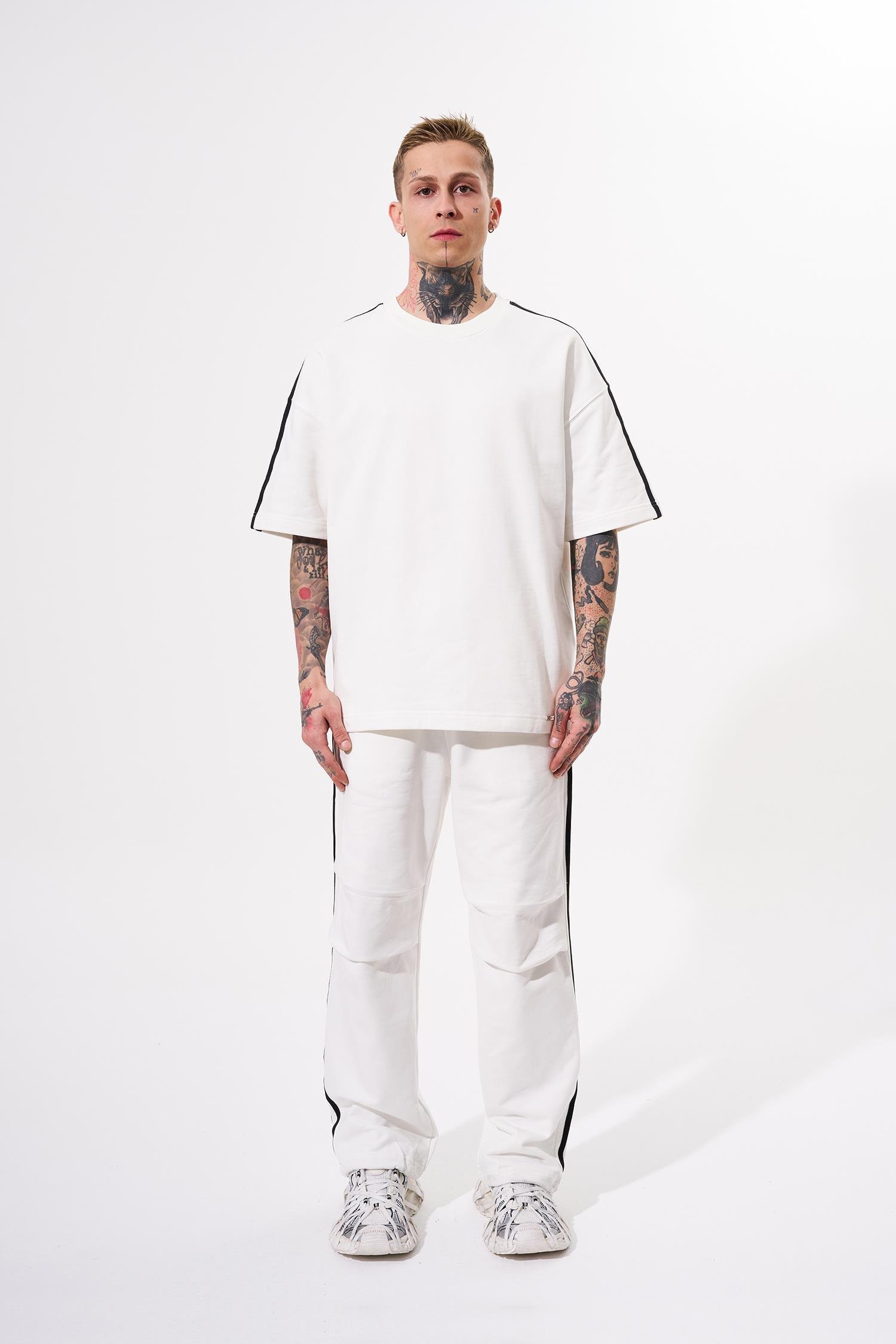 Erkek Striped Sleeves Basic Oversize Ekru Takım