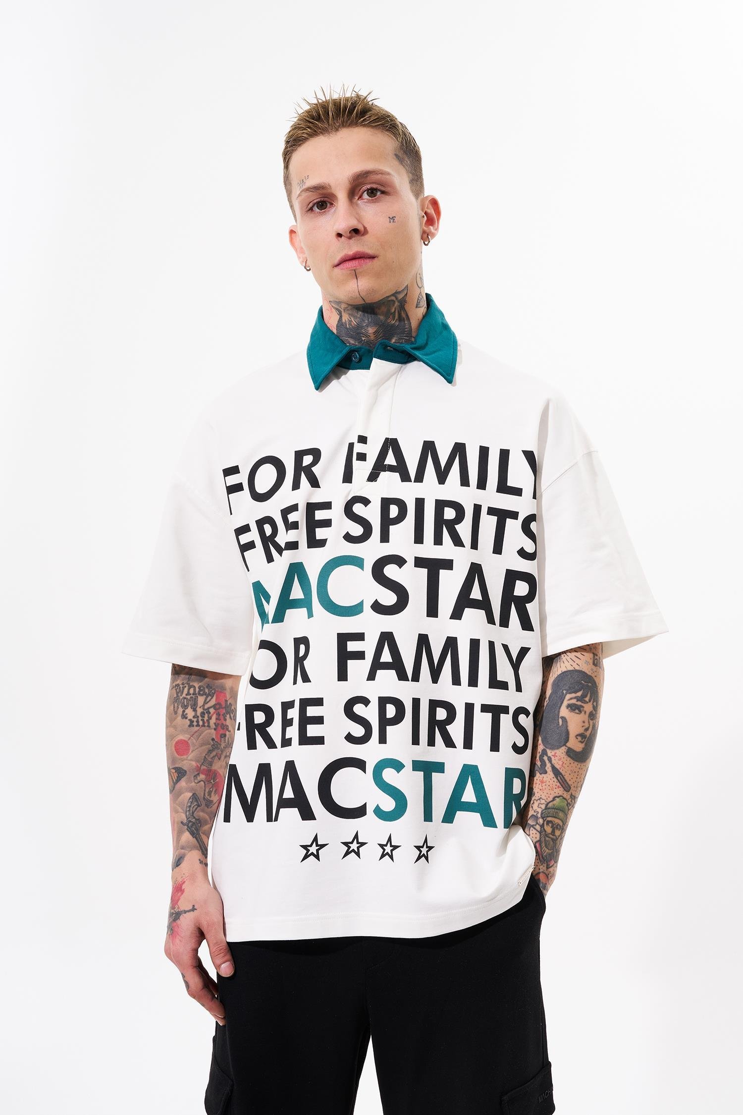 Erkek Wide Prinred Baskılı Polo Yaka Ekru Tişört
