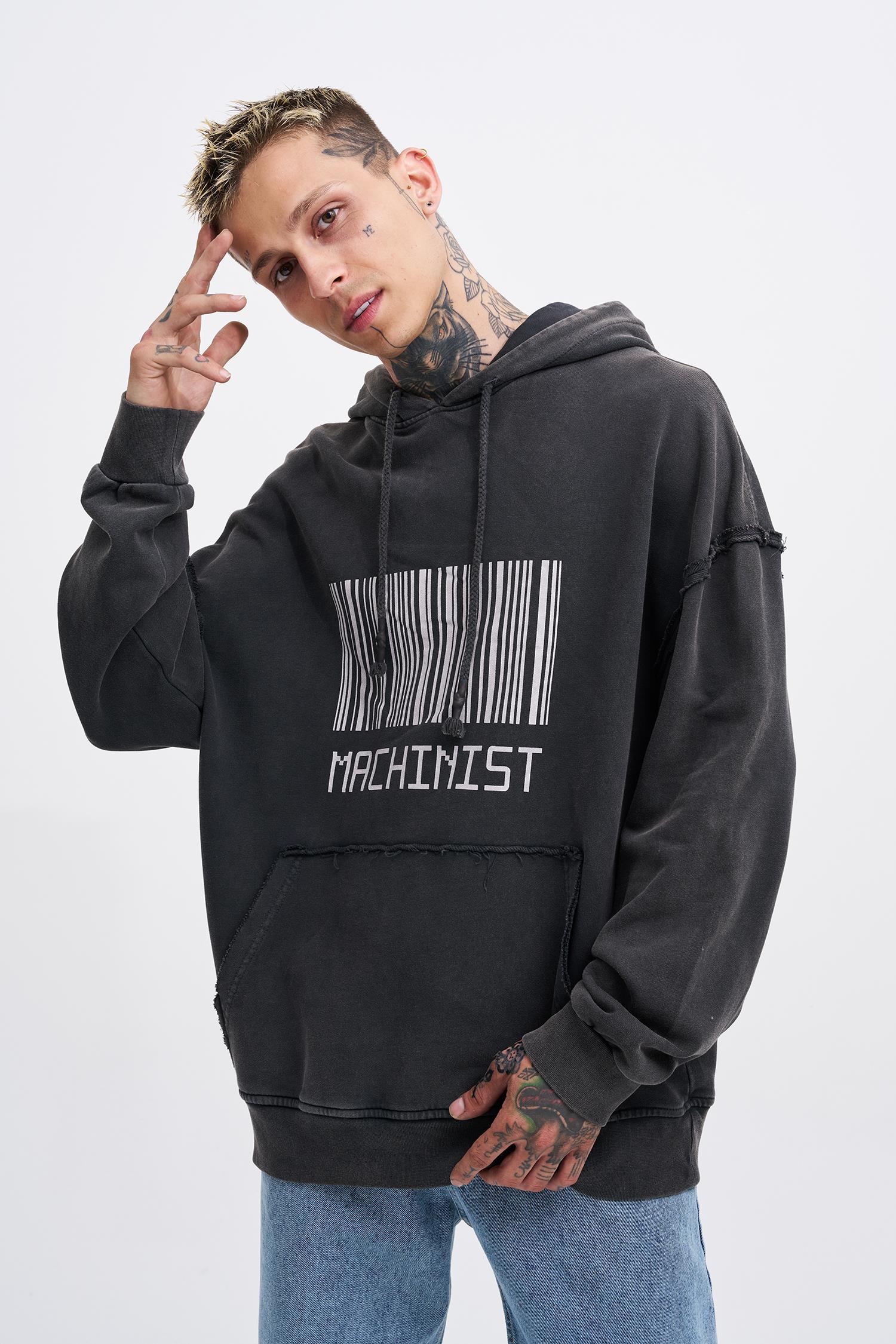 Erkek Yıkamalı Barkod Baskılı Kapüşonlu Oversize Siyah Sweatshirt