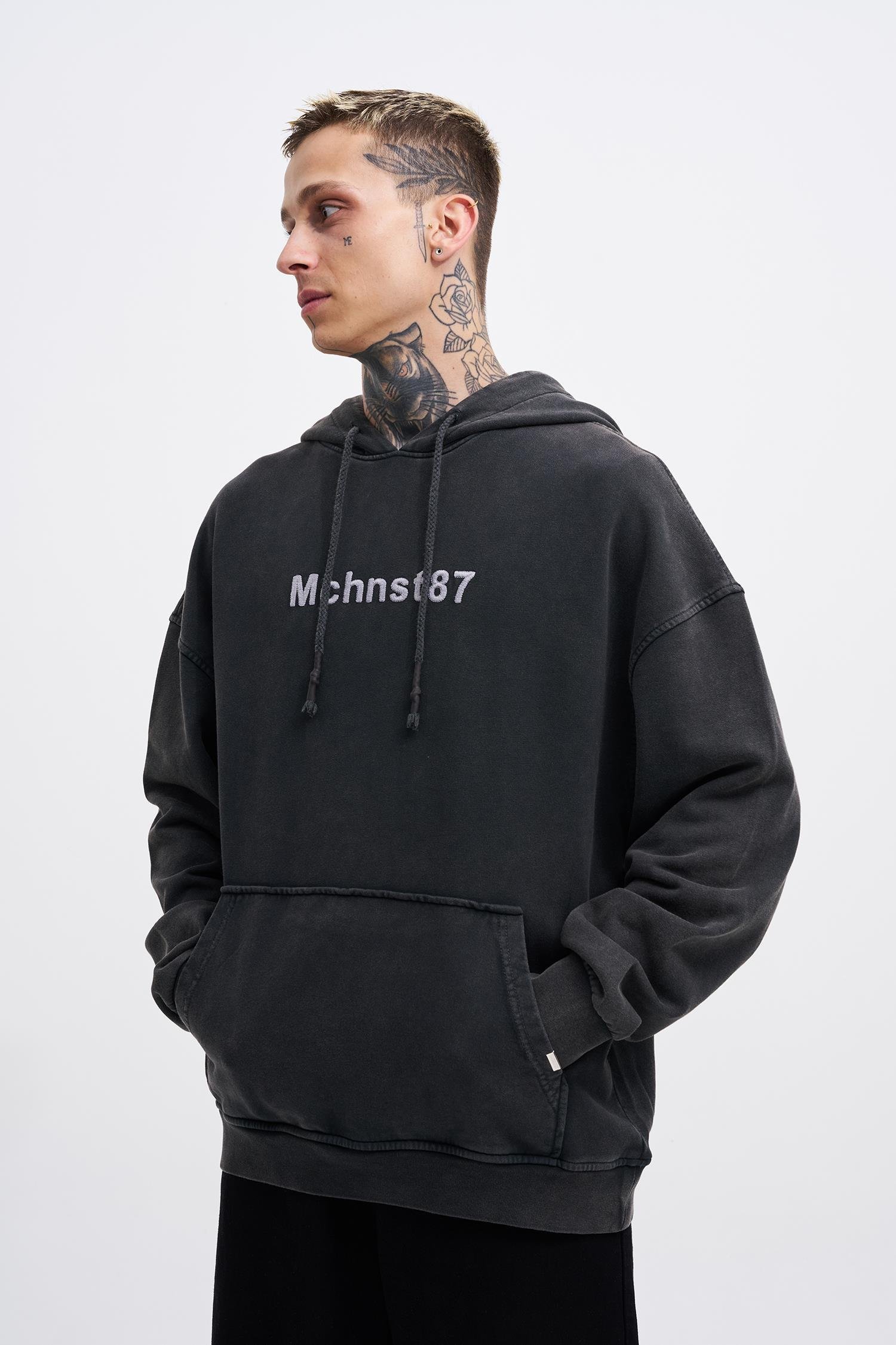 Erkek Yıkamalı Nakışlı Kapüşonlu Oversize Siyah Sweatshirt