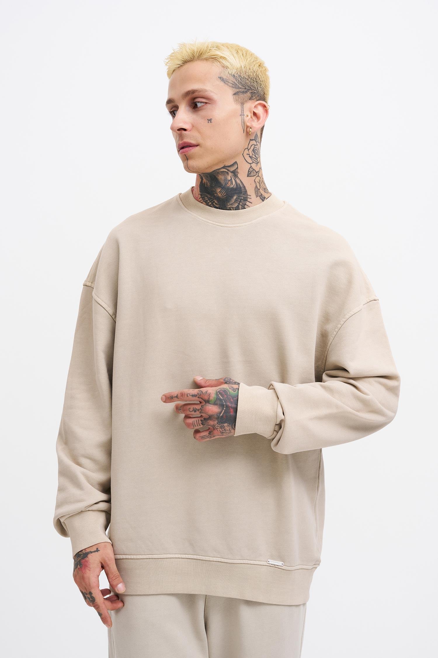 Erkek Yıkamalı Oversize Açık Bej Sweatshirt
